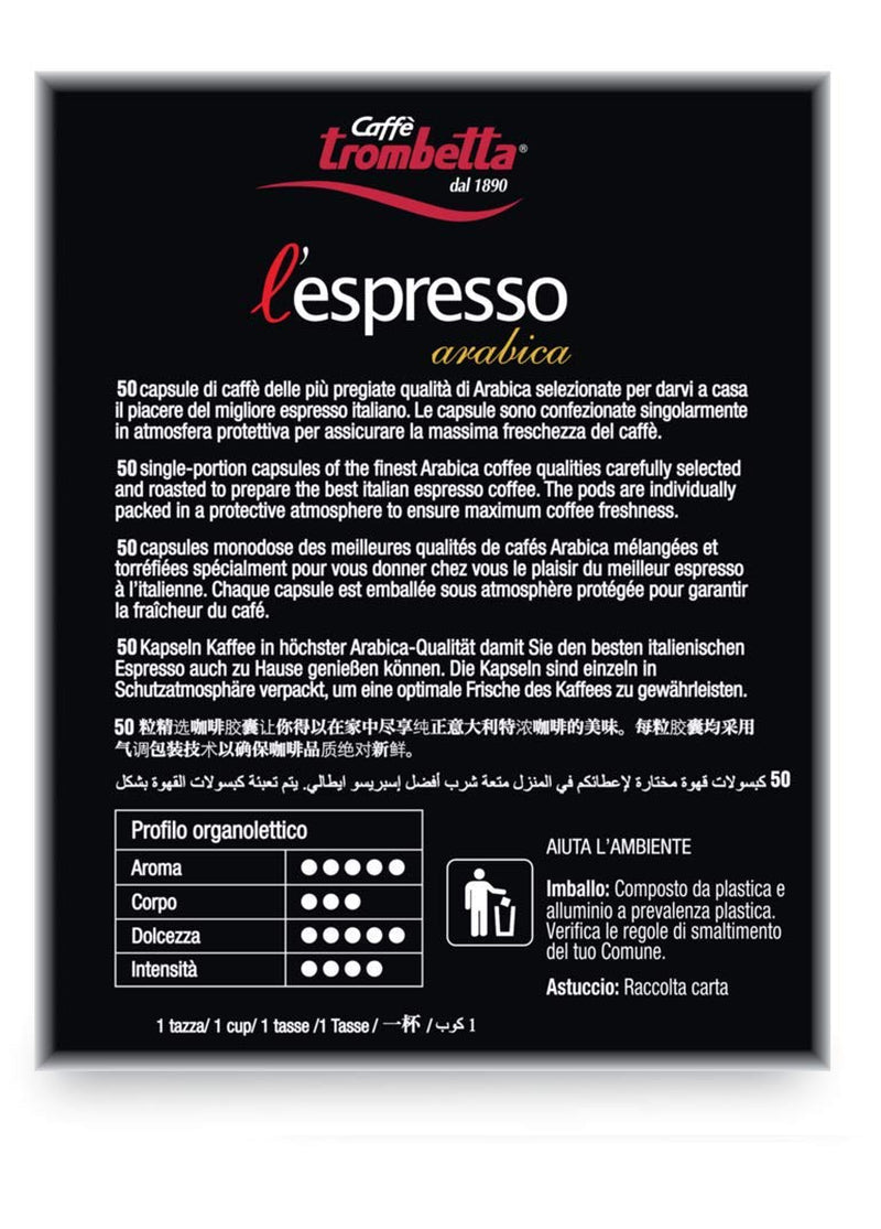 Caffè TROMBETTA L'Espresso, Italienischer Kaffee Nespresso kompatible Kapseln. Aus 100% Arabica mit einem vollmundigen und körperreichen - 50 Kapseln, 50 Stück (1er Pack)