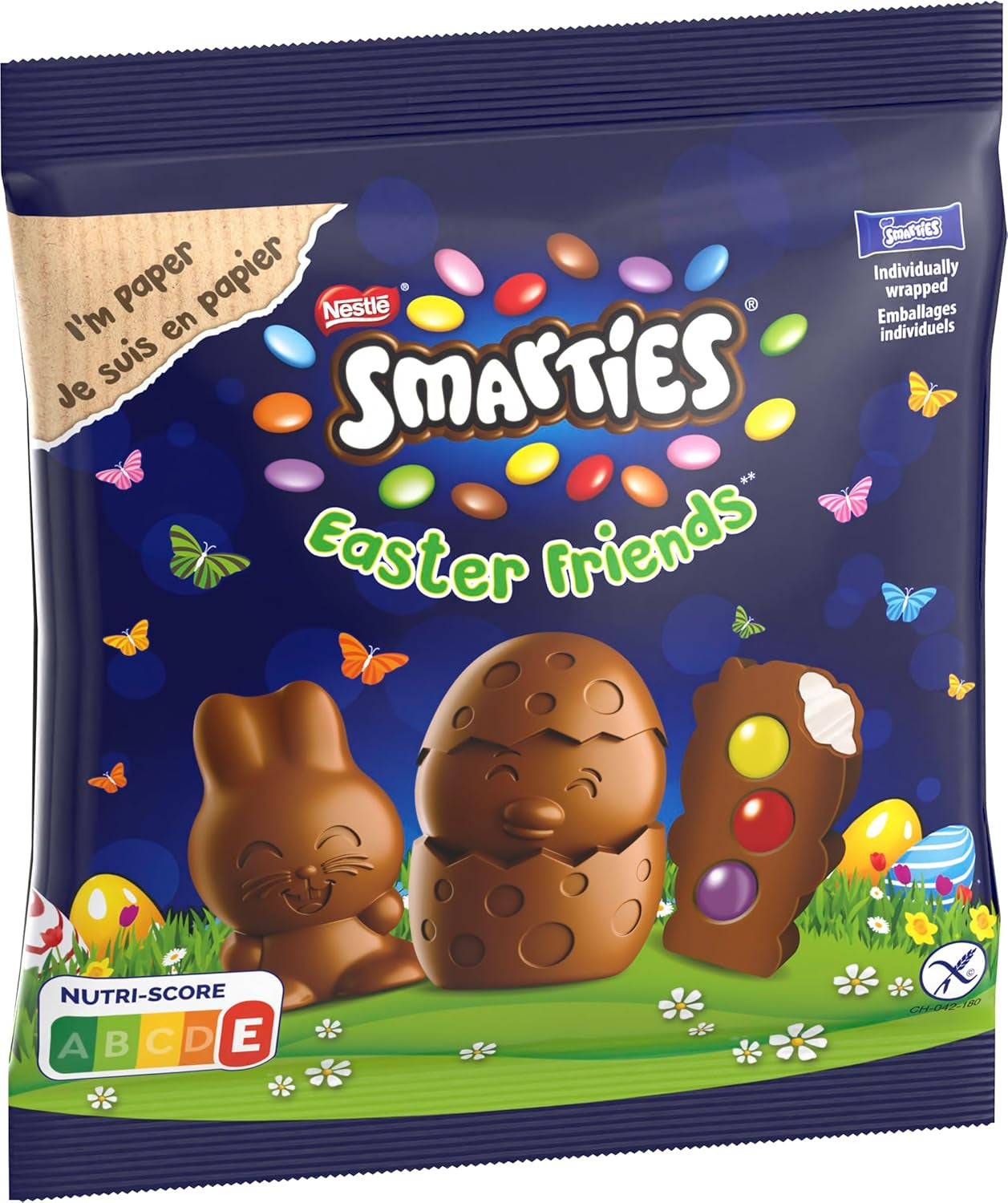 NESTLÉ SMARTIES Prietenii de Paște, figurine cu tematică de Paște, din ciocolată cu lapte fină, cu umplutură cremoasă și mini-linte colorate cu ciocolată SMARTIES, 1 pachet (1 x 65g)