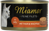 - Feine Filets in Gelee | Nassfutter für ausgewachsene Katzen mit Filetstücken in Gelee. Fettarme Ergänzungsnahrung in Dosen ohne Zusatzstoffe | 24 x 100 g Thunfisch- und Wachteleier