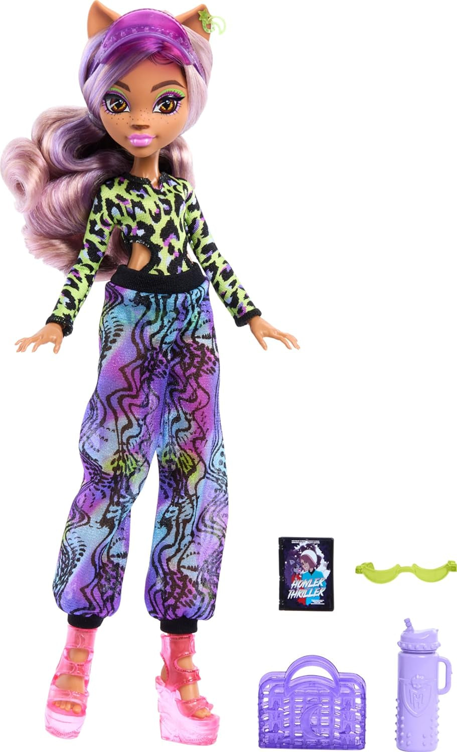 Monster High Scare Adise Island Clawdeen Wolf Puppe mit Badeanzug, Jogginghose und Strandaccessoires wie Visier, Wasserflasche und Buch