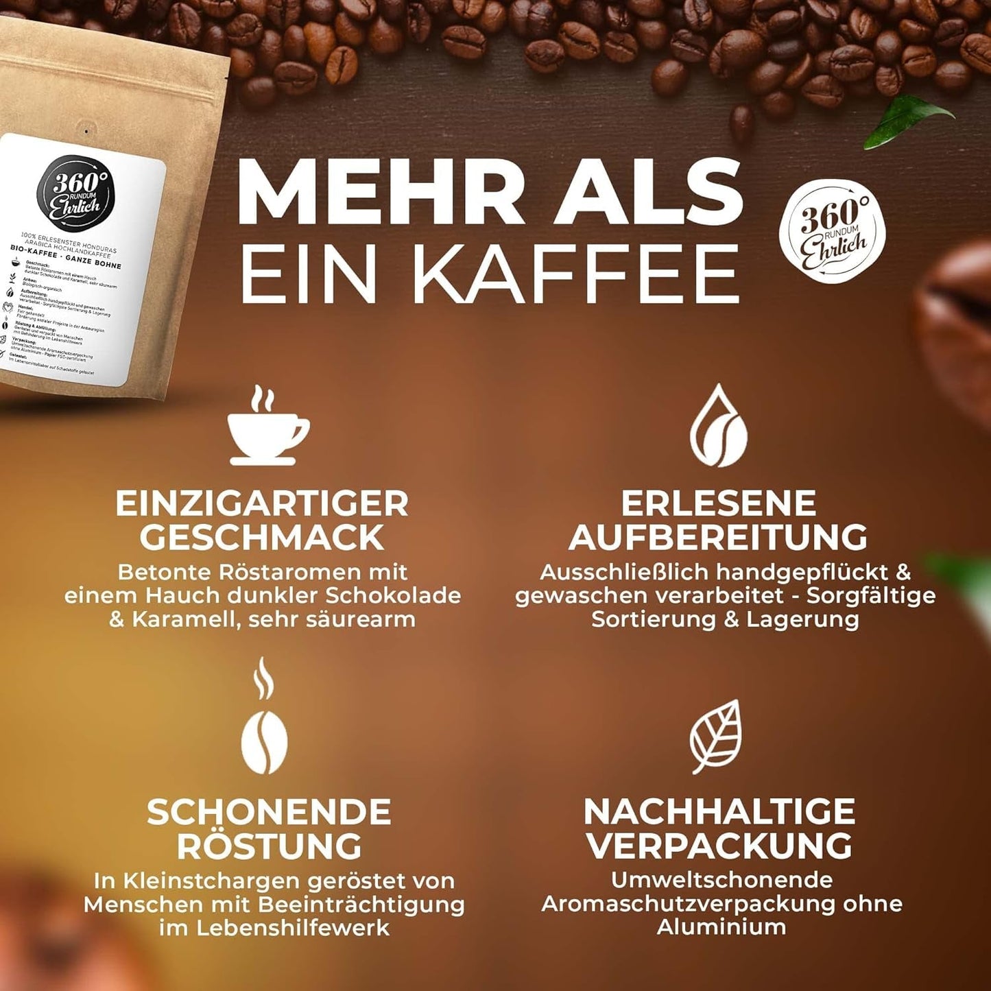 Premium Bio Kaffeebohnen 1000g, 100% Honduras Hochland Arabica Kaffeebohnen Bio - Köstlich, mild, säurearm - Bio Kaffee ganze Bohnen - Ideal als Kaffeebohnen Vollaautomat - 360° Rundum Ehrlich