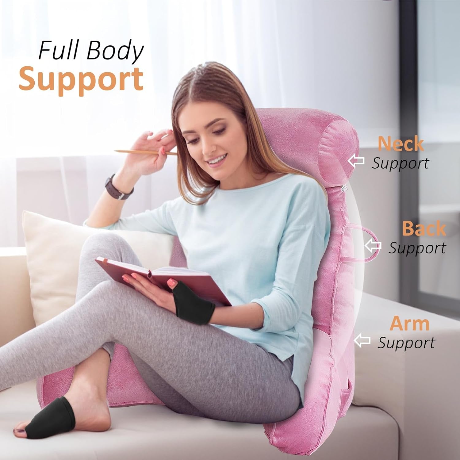XL-Lesekissen für Bett und Sofa mit abnehmbarer Nackenrolle, ideales Rückenkissen für Erwachsene mit Memory-Schaum für bequemes Lesen, Arbeiten, Spielen, Fernsehen, Entspannen (Pink)