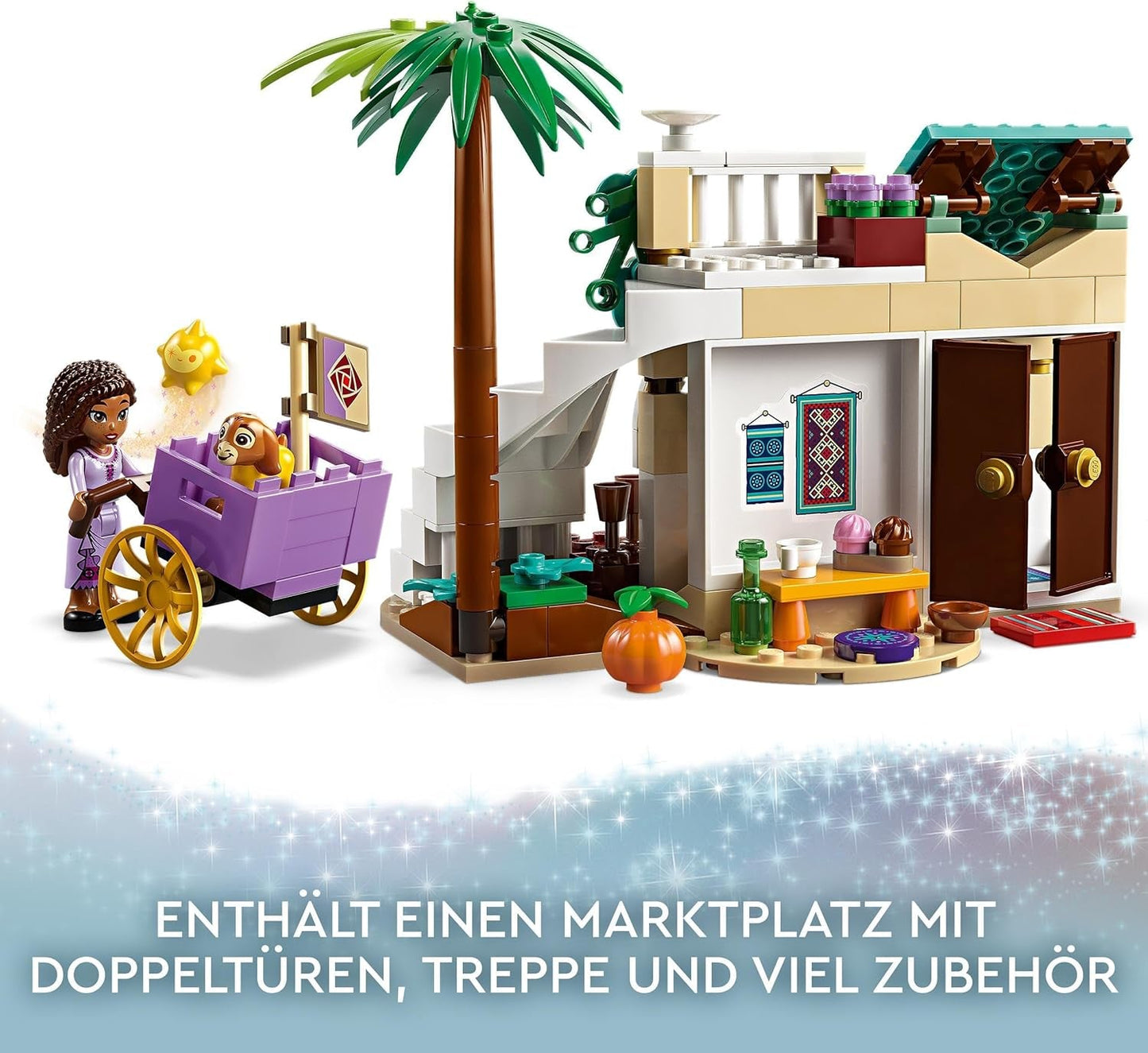 LEGO 43223 Disney Wish Asha in Rosas City, Wish-Filmset mit Markt, Asha-Minipuppe, Valentino als Spielzeugziege und Sternfiguren, Geschenk für Kinder ab 6 Jahren, Bausets für Mädchen und Jungen. Besuchen Sie den LEGO-Store