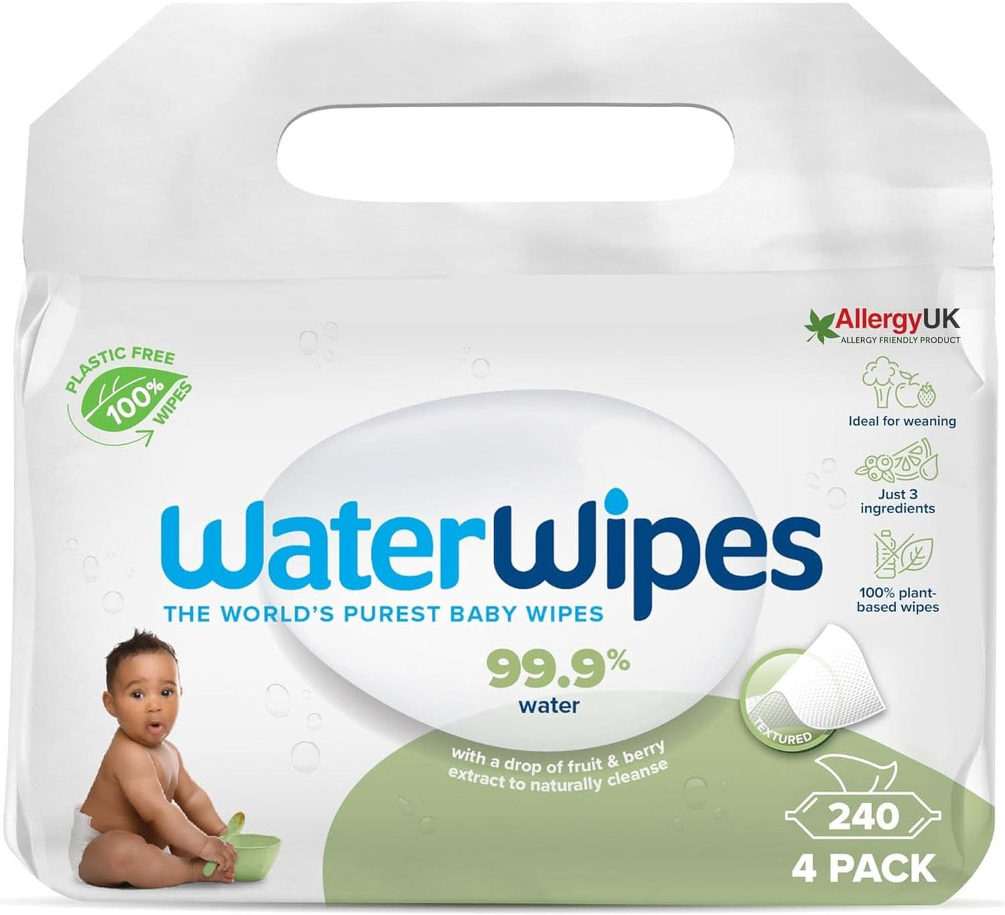 Waterwipes Plastikfreie, Texturierte Reinigungstücher Für Kleinkinder & Babies, 240 Stück (4 Packungen), 99,9 % wasserbasierte Reinigungstücher, Unperfümiert Für Empfindliche Haut Naty Shop 60 Stück (4Er Pack)