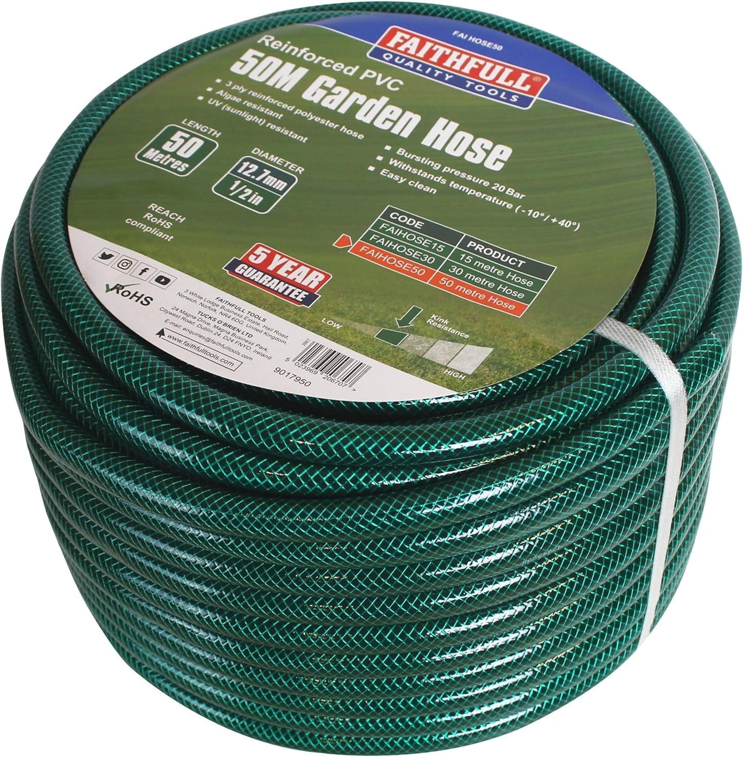 Faithfull Gartenschlauch 50 m (164 ft), verstärkt, 12,7 mm (1/2 Zoll) Durchmesser – robustes PVC-Rohr, grün