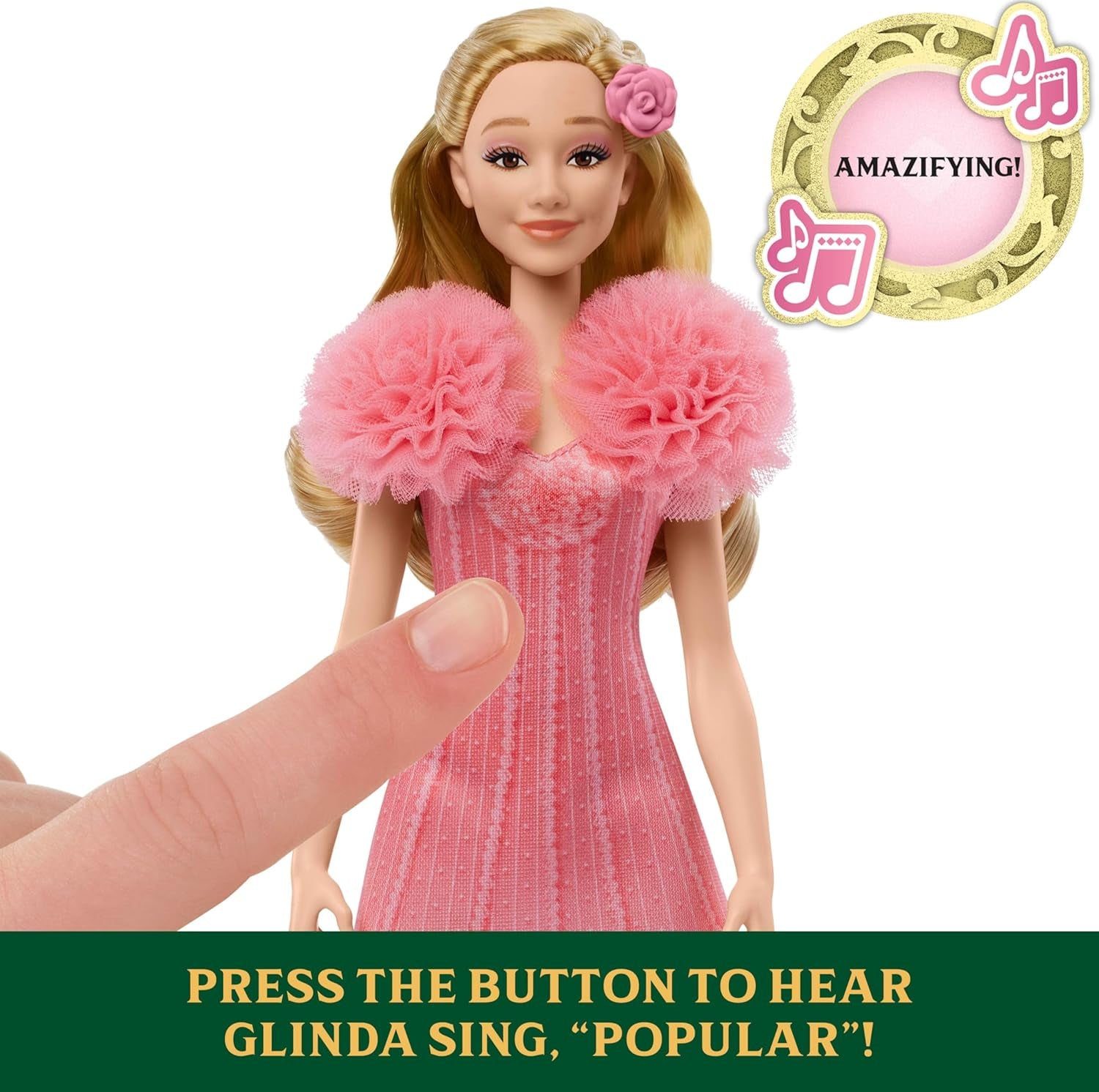 Mattel Glinda aus „Wicked and Accessories“, bewegliche, vom Film inspirierte Puppe mit abnehmbarem Outfit, singt „Loved by Us“ JLG49 Pink