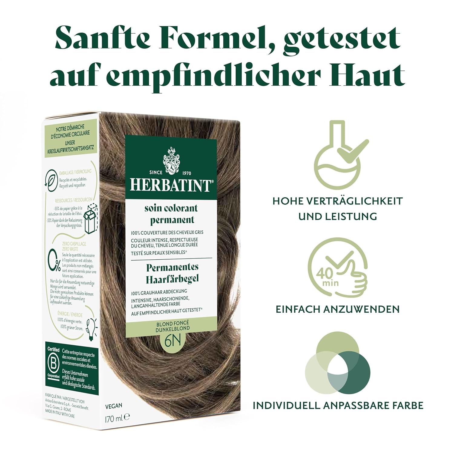 Permanentes Haarfärbegel 6N Dunkelblond – 170 ml I Ammoniakfrei, 100 % Abdeckung von grauem Haar I Getestet auf empfindlicher Haut, mit 8 Pflanzenextrakten Haarfärbemittel Naty Shop