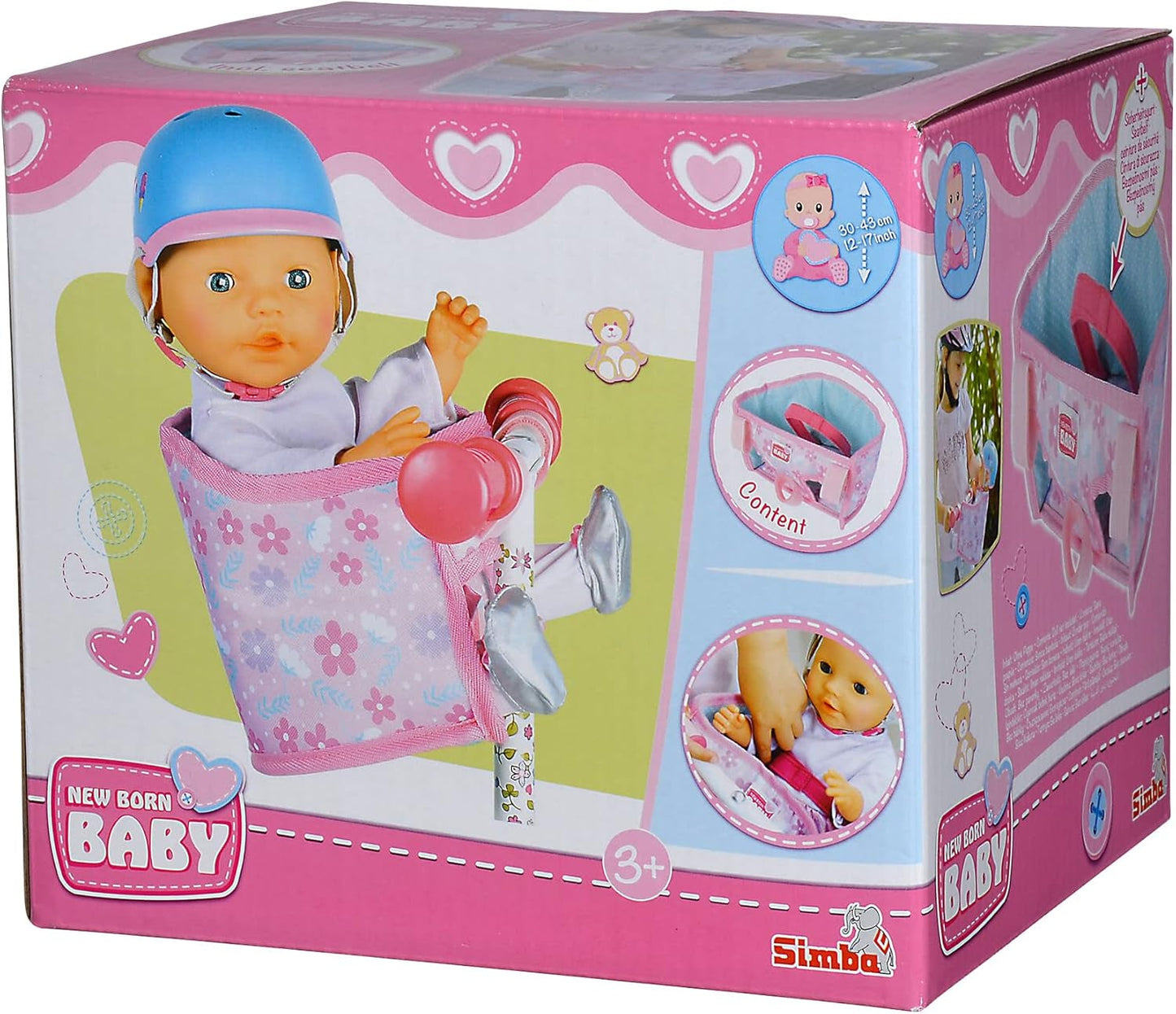Simba 105560018 – Fahrradsitz für Neugeborene mit Gürtel, Puppenzubehör, Stoffsitz, Sicherheitsgurt, Klettverschluss-Lenker, für 30–43 cm große Puppen, ab 3 Jahren
