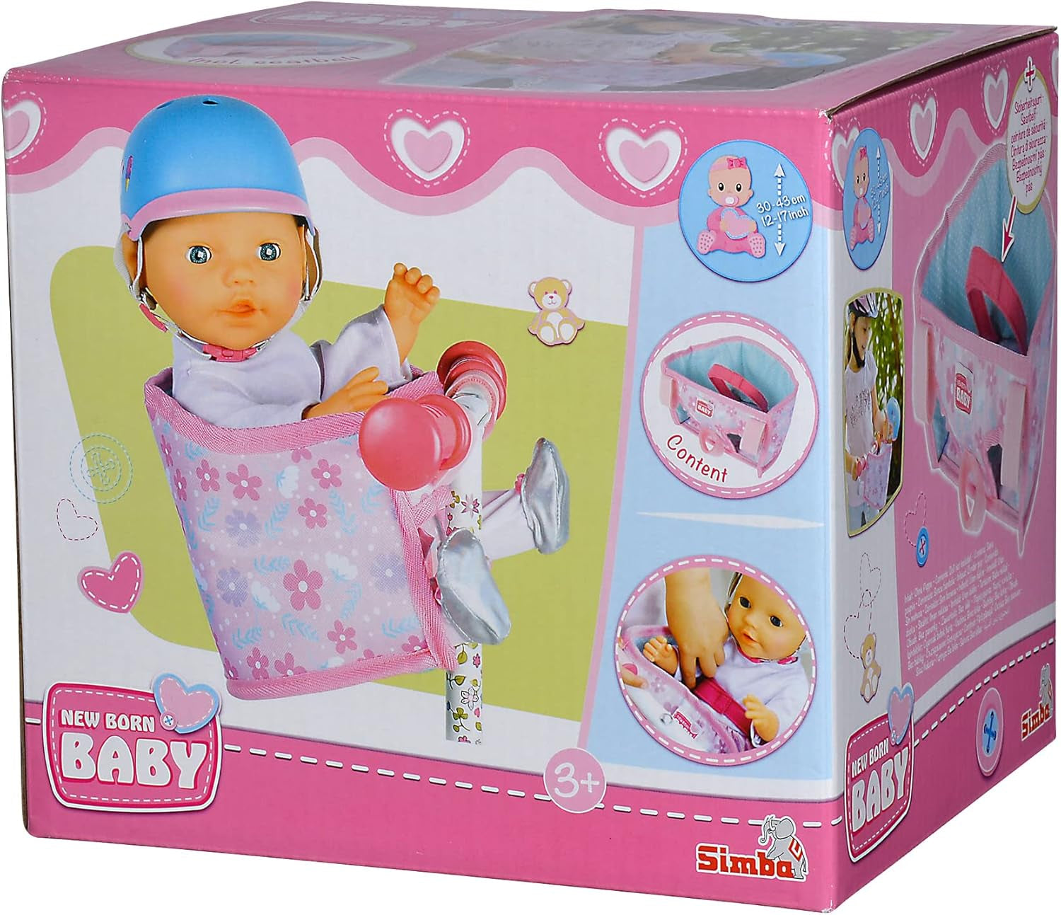 Simba 105560018 – Fahrradsitz für Neugeborene mit Gürtel, Puppenzubehör, Stoffsitz, Sicherheitsgurt, Klettverschluss-Lenker, für 30–43 cm große Puppen, ab 3 Jahren