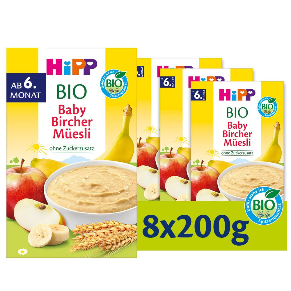 HiPP Bio Baby-Birchermüsli (8 x 250g), ab 6 Monaten, ohne Zuckerzusatz, extra zarte Getreideflocken – bekömmliches Frühstück in bester Bio-Qualität