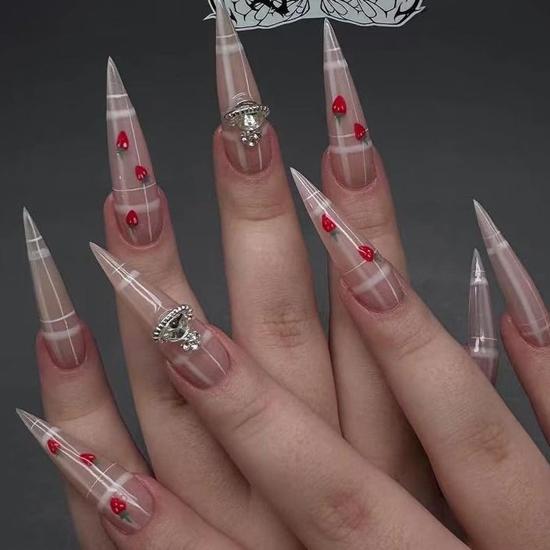 Moonglow Lange Nägel Stiletto Milchweiß Rosa Farbverlauf Glitzer Coole künstliche Nägel mit Kleber Rosa Ombre Glitzer Künstliche Nägel