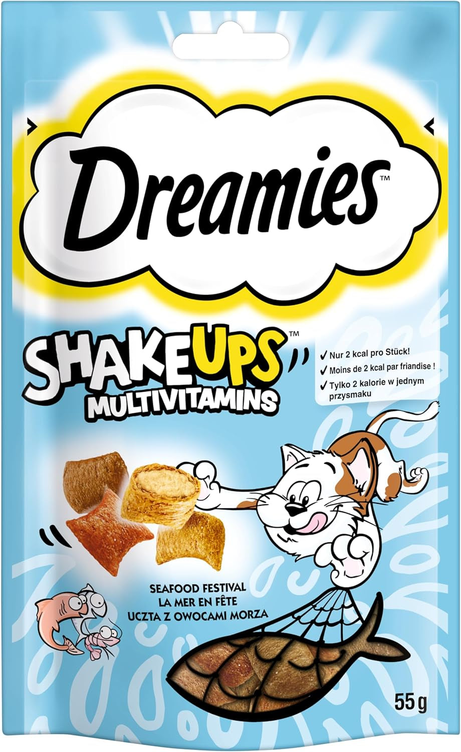 DREAMIES SHAKE UPS Multivitamin Seafood Festival Katzensnacks in Portionsbeuteln – 55 g (6 Beutel)