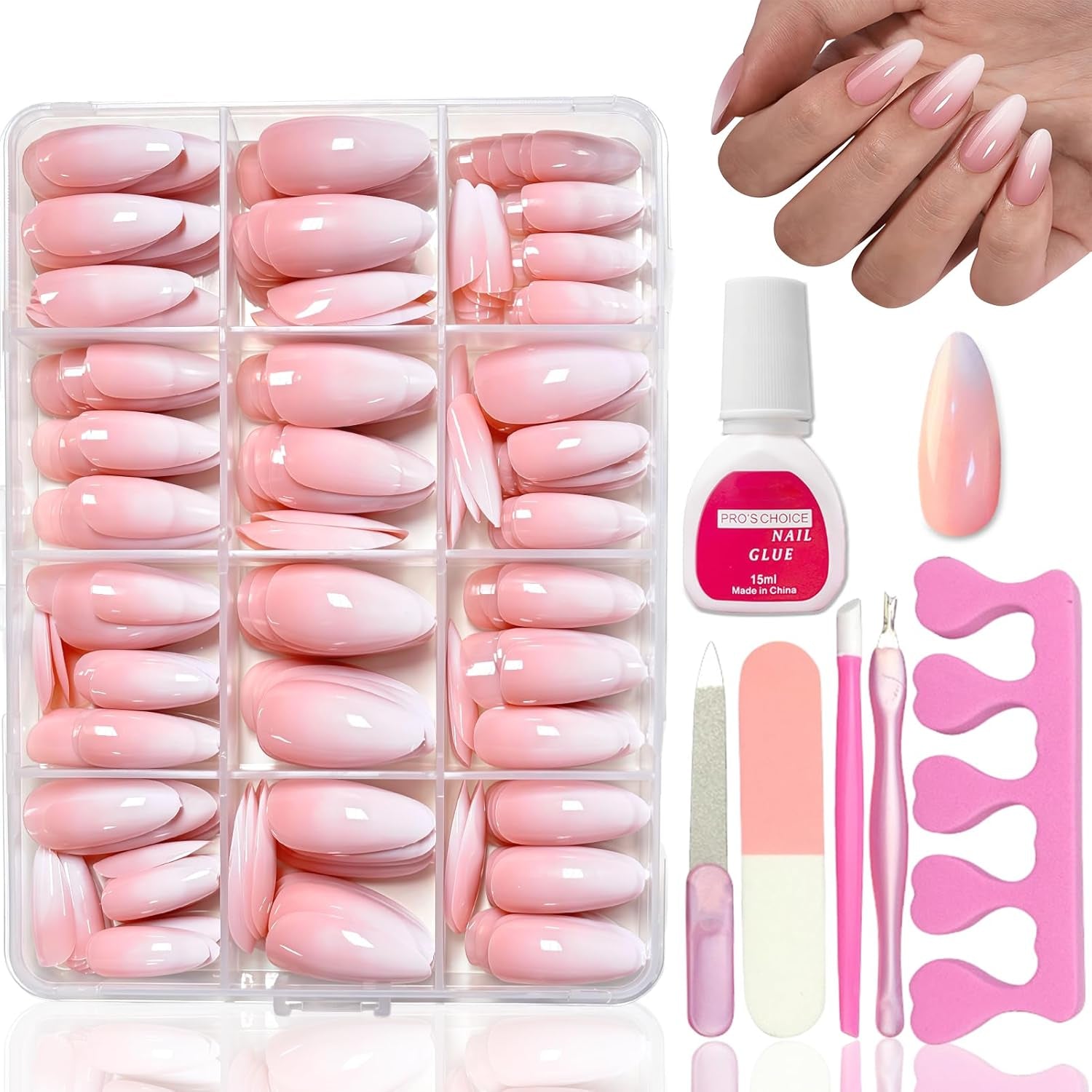 360-teiliges Kunstnägel-Set – Kurze Kunstnägel in Nude-Rosa-Weiß mit Farbverlauf – Quadratische Kunstnägel zum Aufkleben – Vollflächige, glänzende, selbstklebende Nägel für Frauen und Mädchen (quadratisch)