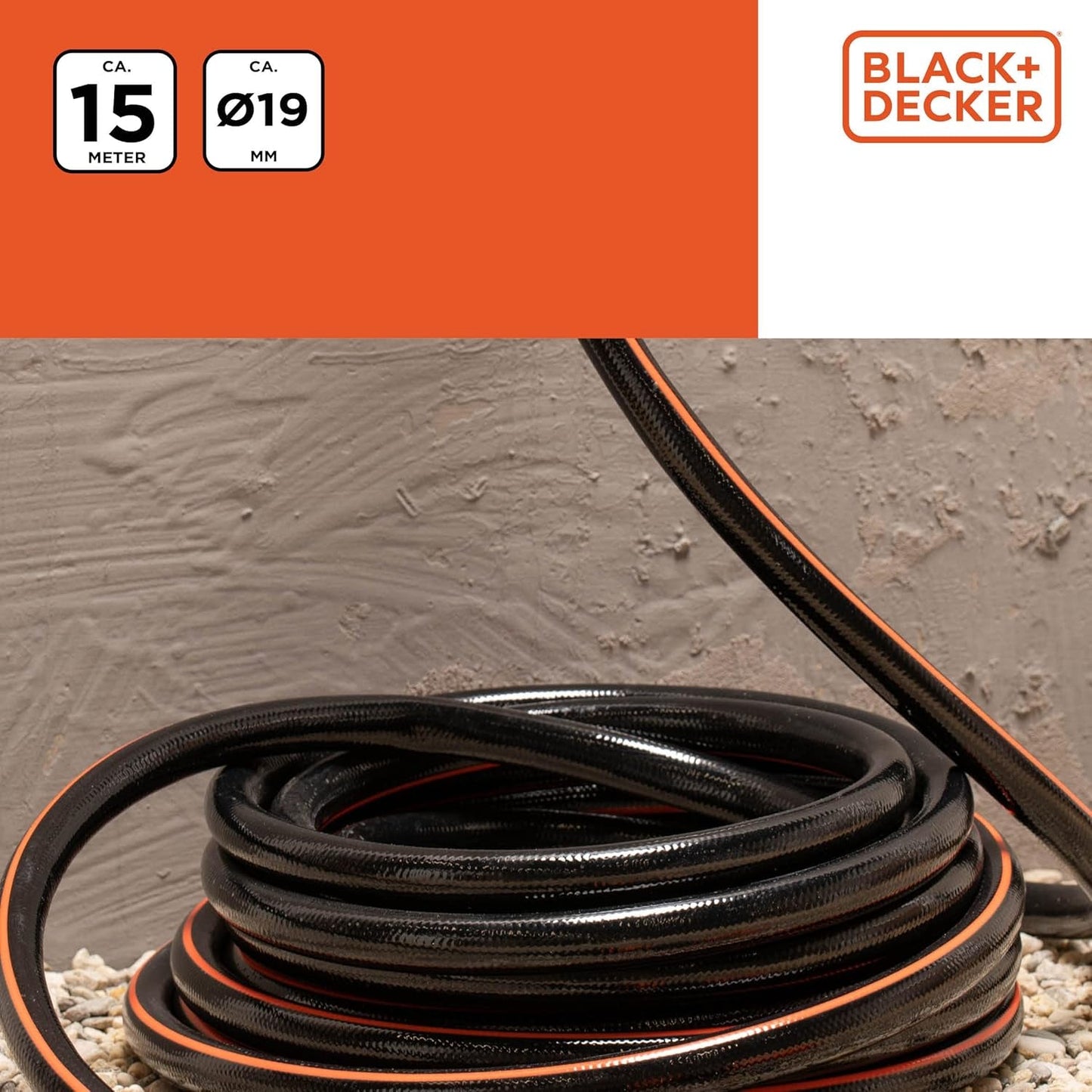 BLACK+DECKER Gartenschlauch 15 Meter – Ø19MM – Strapazierfähiges PVC – Den Garten bewässern, das Auto waschen, den Pool füllen – Kompatibel mit jedem Standard-Wasserhahn – Schwarz/Orange