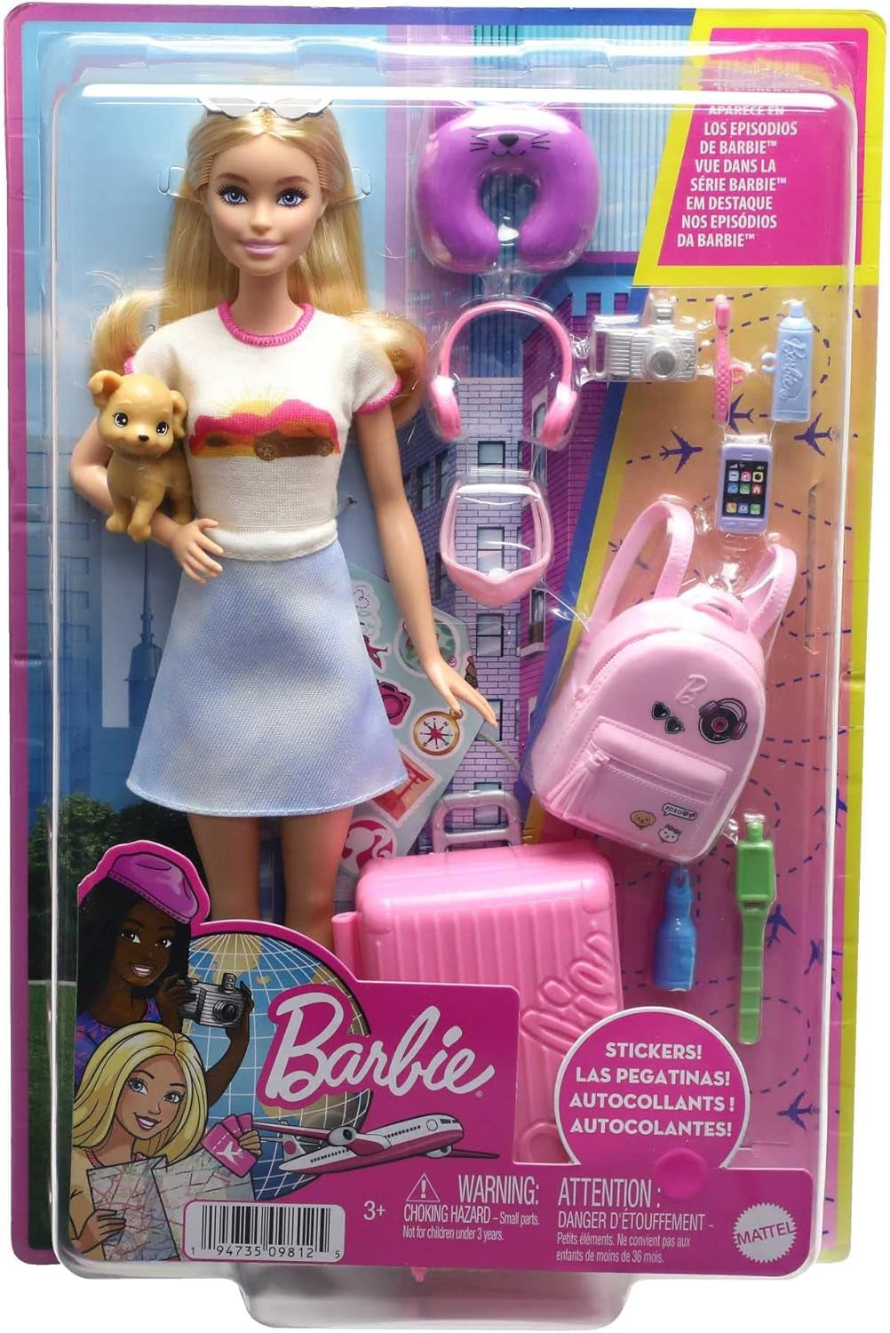 Barbie-Puppe, Reise-Barbie mit blonden Haaren, 10+ Reisezubehör, Aufkleber, Koffer, Welpe, inklusive 1 Puppe, Kindergeschenk, Spielzeug ab 3 Jahren, HJY18
