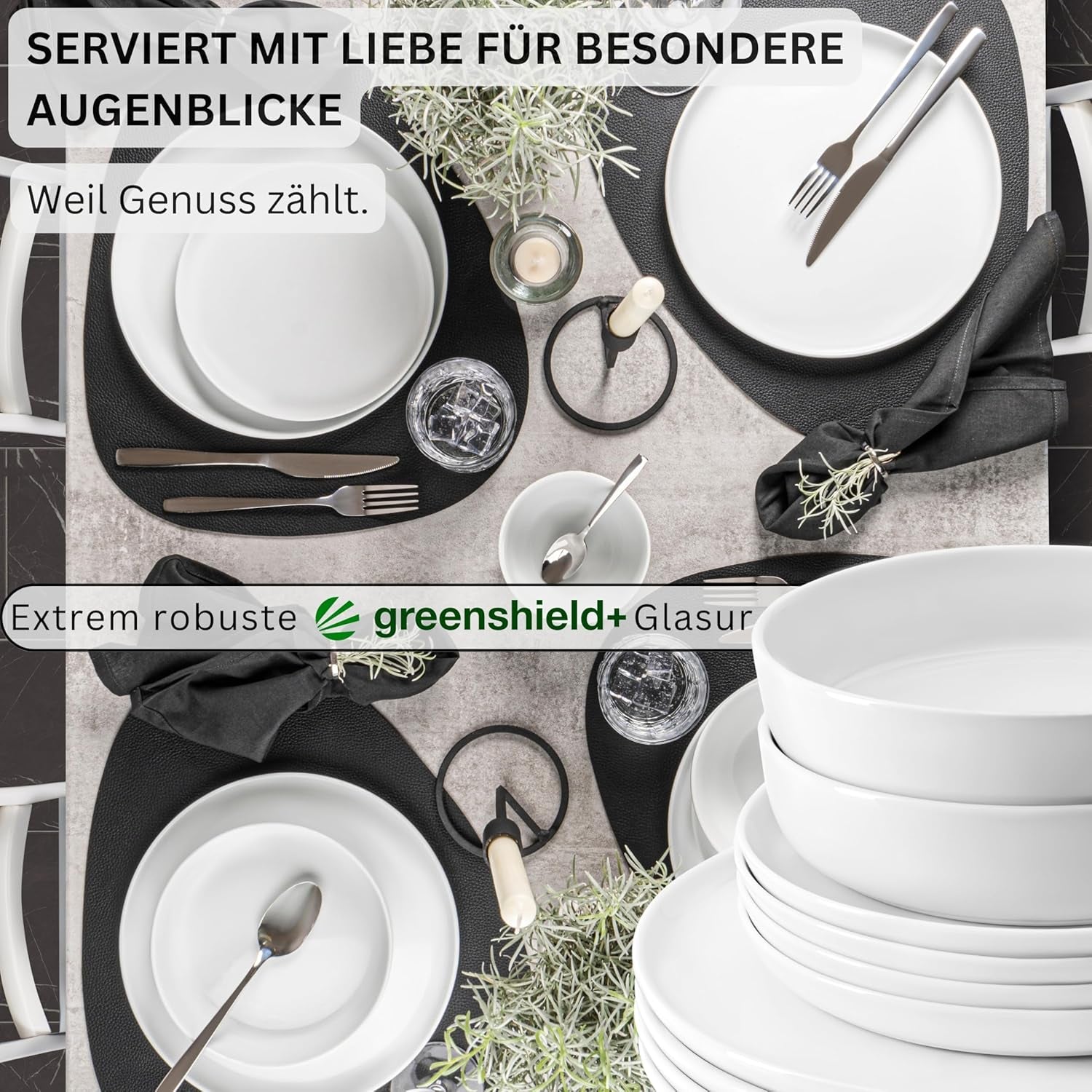 SANGER | Weißes Marlo-Geschirrset, 24-teiliges Geschirrset für 6 Personen mit Desserttellern, Speisetellern, Schüsseln und Müslischalen. Porzellan-Essteller-Set, Geschirr, modernes Design, PREMIUM-KOLLEKTION