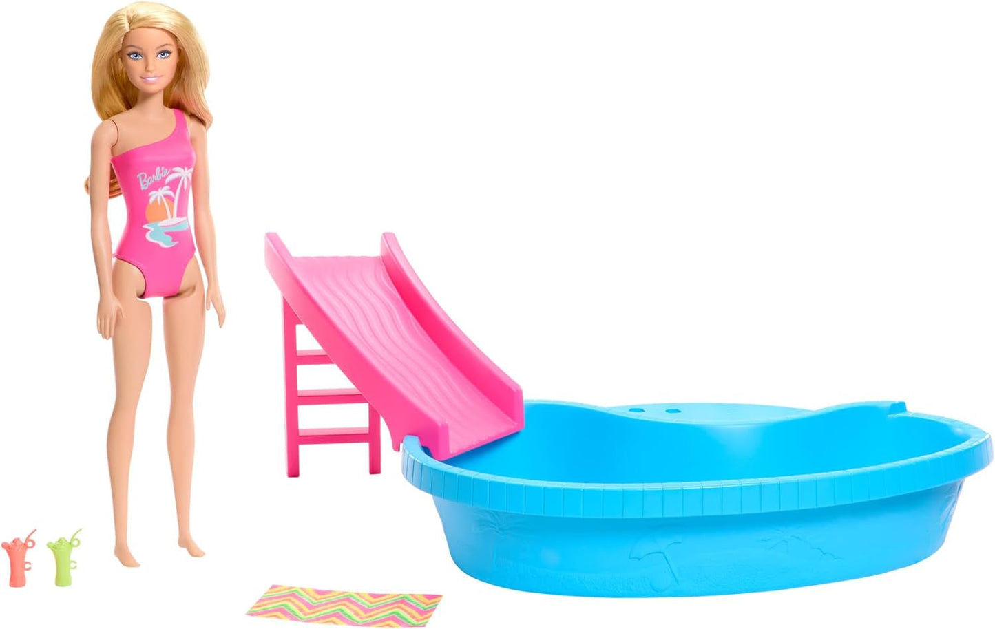 Barbie-Puppe und Zubehör – Pool mit Rutsche und Zubehör für stundenlangen Spaß in der Sonne, rosa Badeanzug mit tropischem Design, für Kinder ab 3 Jahren, HRJ74