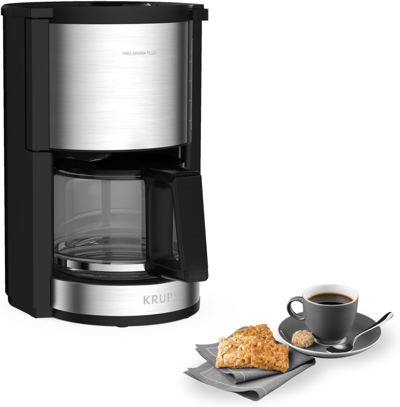 Krups KM3210 Pro Aroma Plus Espressomaschine, 10 Tassen, 1,25 l, Warmhalten für 30 Minuten, sichtbares Wasserstandsfenster, Anti-Tropf-System, schwarz mit Edelstahl-Applikationen