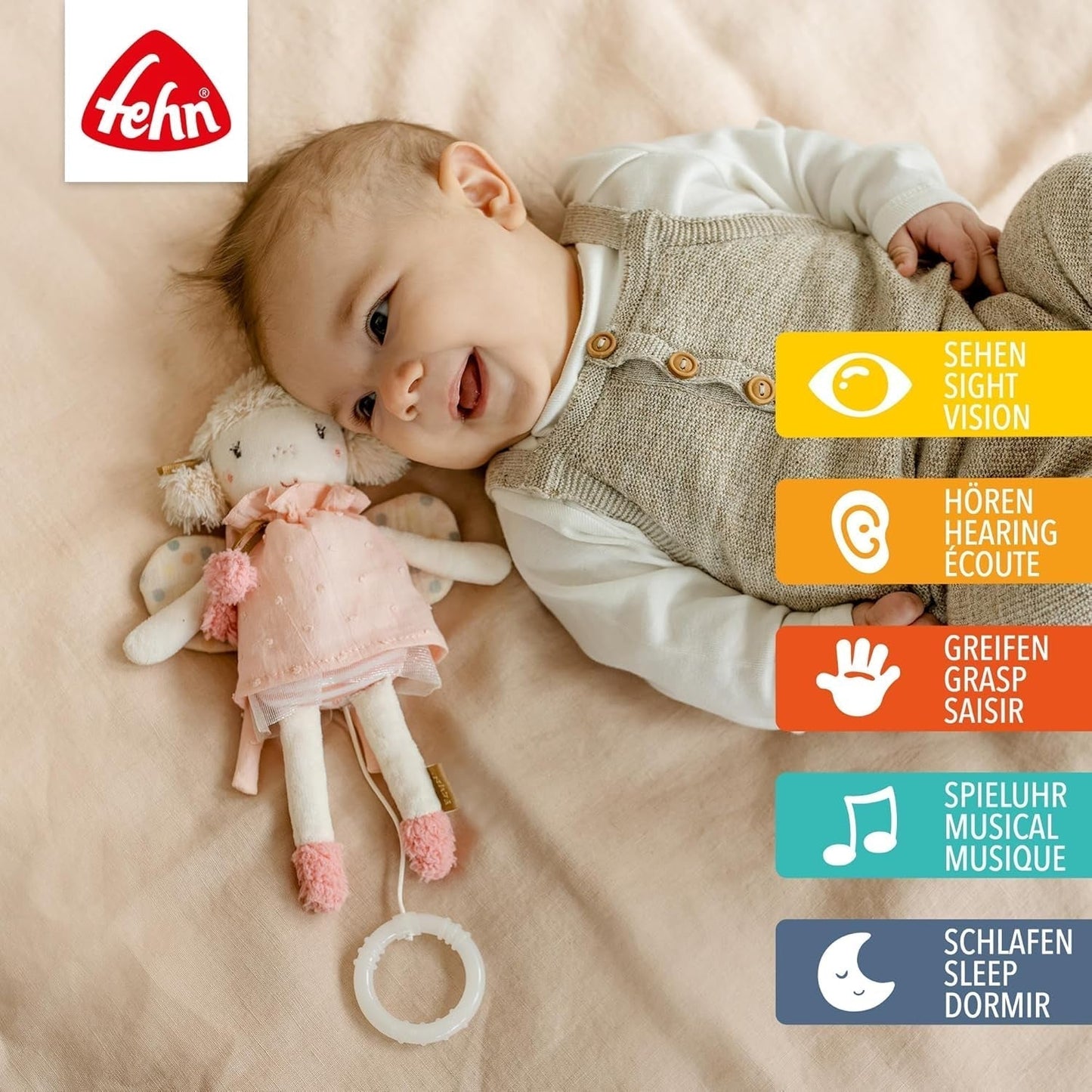 Fehn Mini-Spieluhr Fee – Plüschtier und Einschlafhilfe: Aufziehbare Spieluhr mit der sanften Melodie „Schwanensee“ beruhigt in jeder Situation – für Babys und Kleinkinder ab 0+ Monaten Toys Bebe Naty Shop