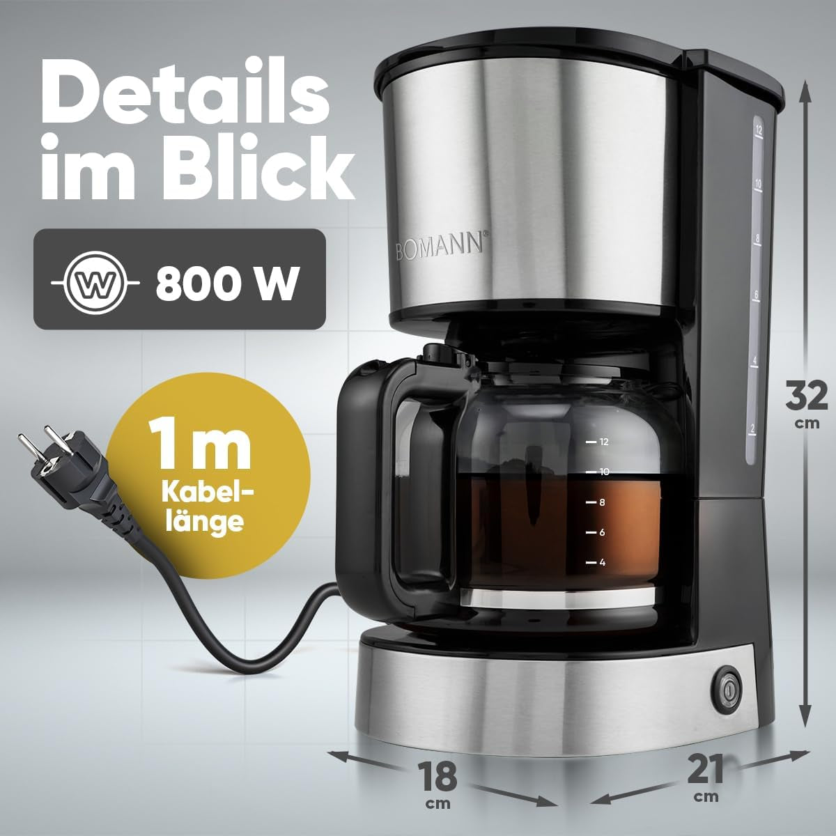 Espresso-Kaffeemaschine mit Bomann®-Filter | für 12-14 Tassen | Kaffee-Espressomaschine mit Filter | Edelstahlgehäuse | Anti-Tropf | Espresso | Kaffee-Espressomaschine mit Filter | 800W | KA 6071 CB