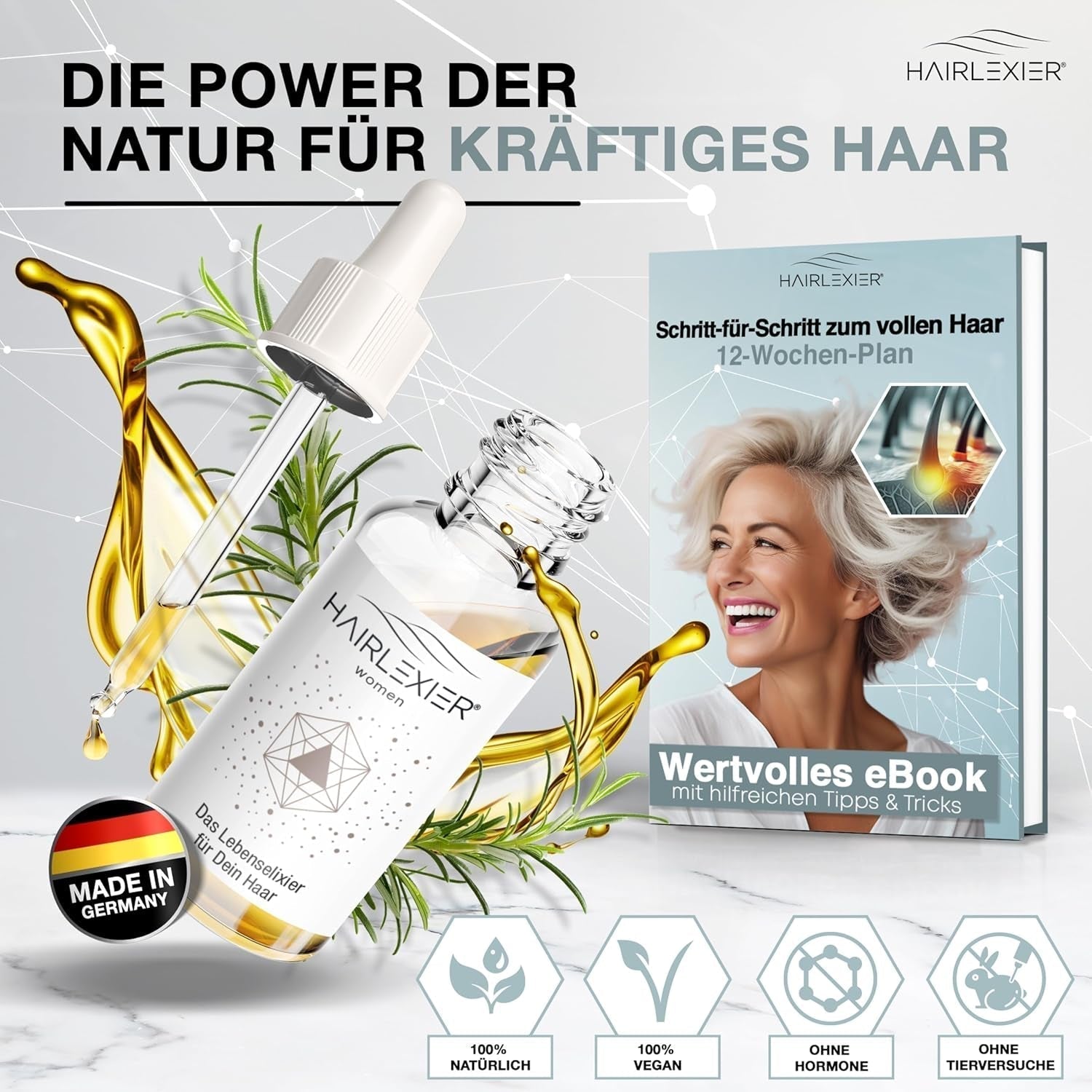 Hairlexier Haarwuchsmittel für Frauen – Rosmarin-Haaröl, Rizinusöl-Haaröl, Lavendelöl, natürliches Haarserum gegen diffusen Haarausfall, unterstützt das Haarwachstum, vegan & biologisch + Arbeitsbuch Haarpflege Naty Shop