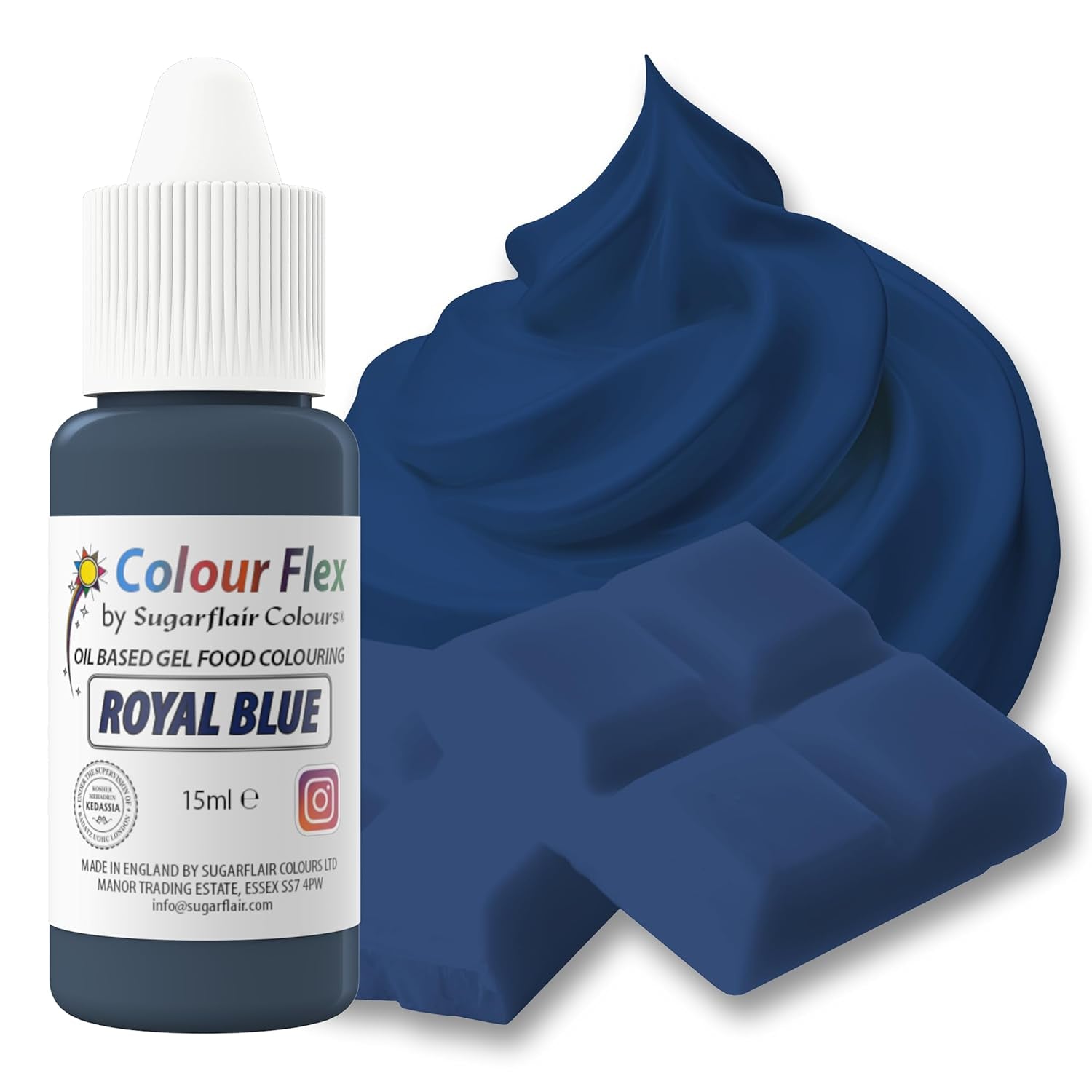 Sugarflair Colourflex Lebensmittelfarbe auf Ölbasis, Königsblau, hochkonzentrierte flüssige Lebensmittelfarbe, Lebensmittelfarbe für Buttercreme, Schokolade, Teig, Fondant, Zuckerguss und mehr – 15 ml