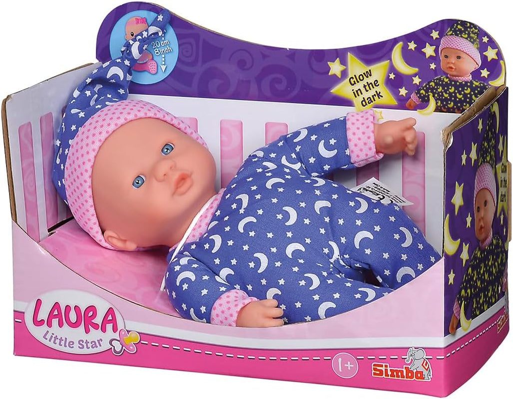 Simba 105010010 – Laura Little Star Puppe mit weichem Körper in süßem Kleid und Hut mit glitzernden Monden und Sternen, 20 cm, im Dunkeln leuchtende Puppe ab 12 Monaten, blaue Puppen, Naty Shop