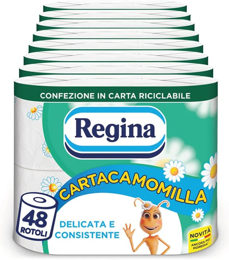 Regina Cartacamomilla – 8 Rollen Toilettenpapier, 300 flauschige Blätter, 3-lagig, weich und fest, recycelbare Papierverpackung