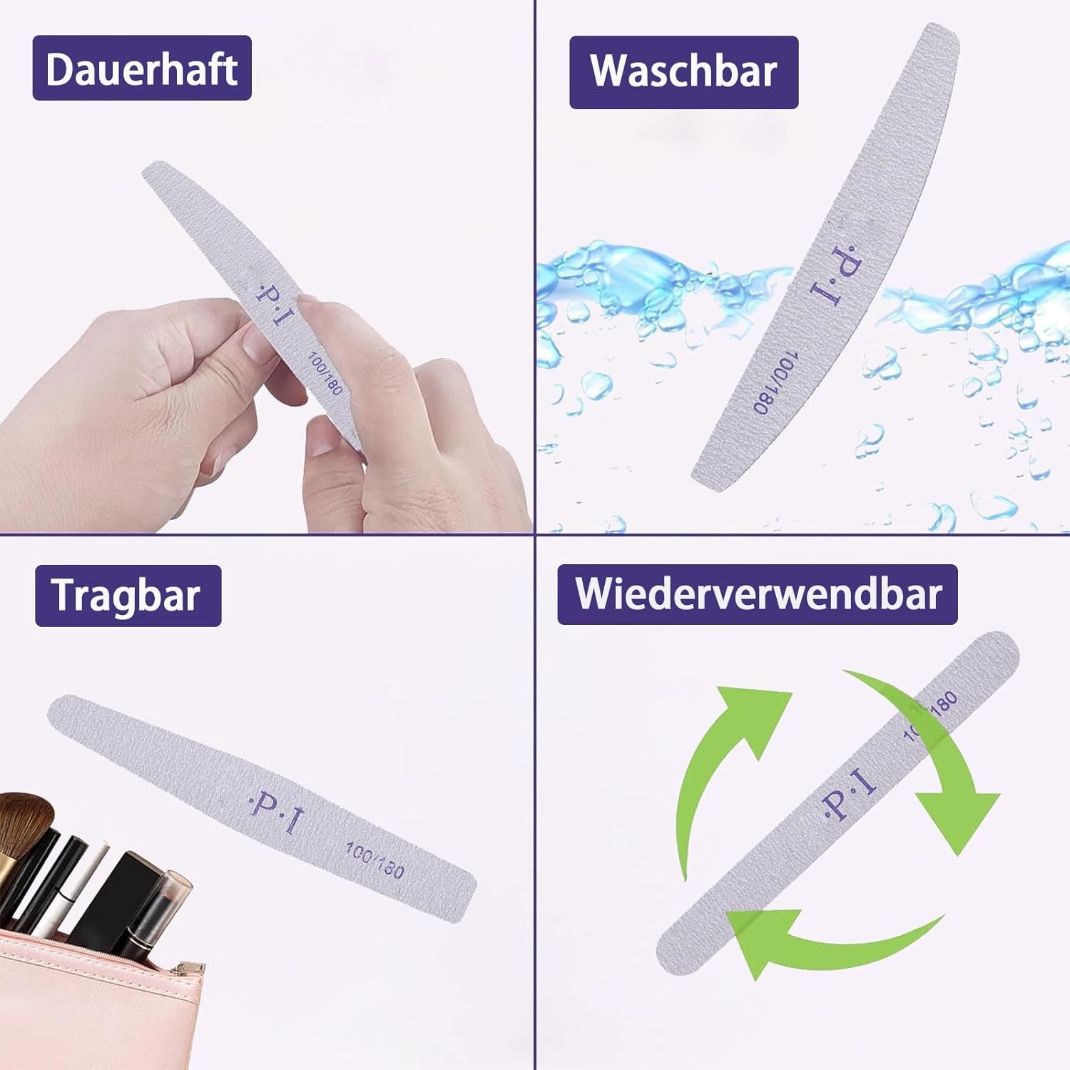3-teiliges Nagelfeilen-Set, Nagelfeilen für Gelnägel, verschleißfestes und waschbares Gel-Nagelzubehör, professionelle Nagelfeile 100/180 mit 3 Formen, weiß
