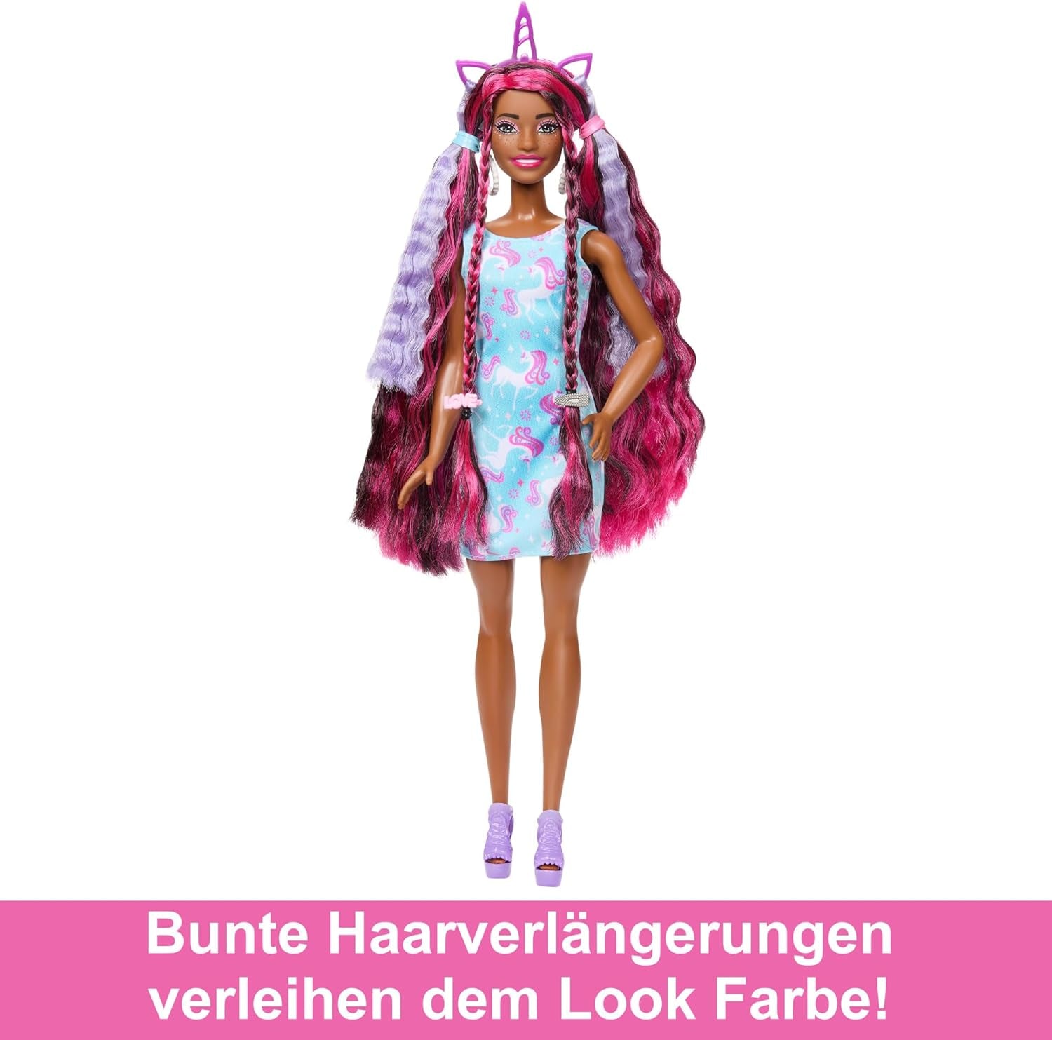 Barbie-Puppe, lustiges, stilvolles Haar mit extra langen, bunten schwarzen Haaren und glitzerndem rosa Kleid, 10 Frisuren und Modeaccessoires JDC86