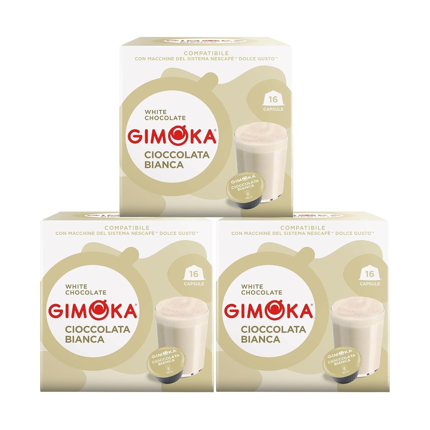 Gimoka Kaffeekapseln, Gesmack WEISSE CHOKOLADE - 48 Kapseln Kompatibel mit Kaffeemaschinen der Marke Nescafè* Dolce Gusto*, 48 Stück (3 x 16 Getränke), Hergestellt in Italien