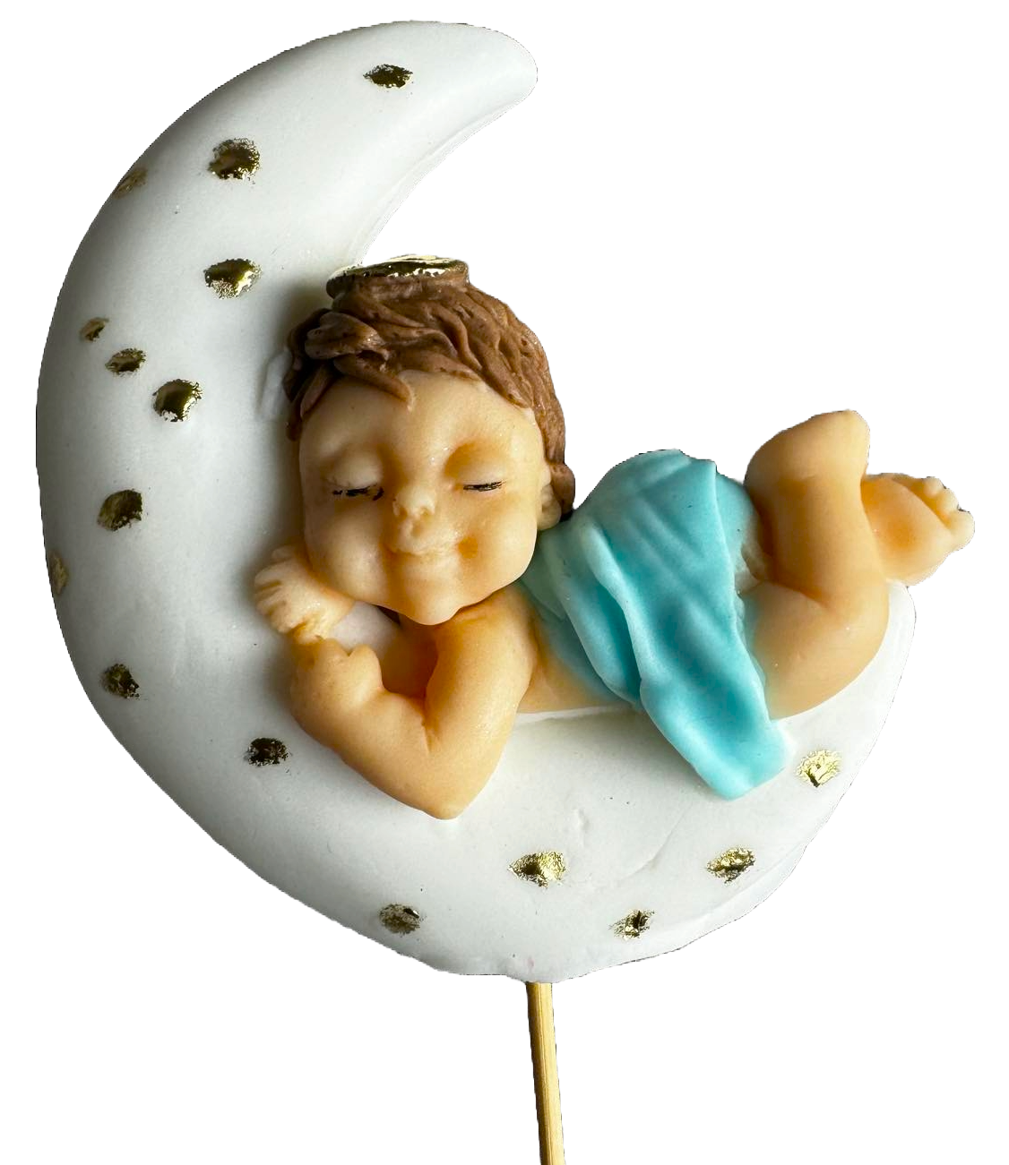 Essbare Dekoration aus Zuckerpaste, Taufe, Junge, der auf dem Mond schläft. Dekorationen aus Zuckerpaste, Naty Shop