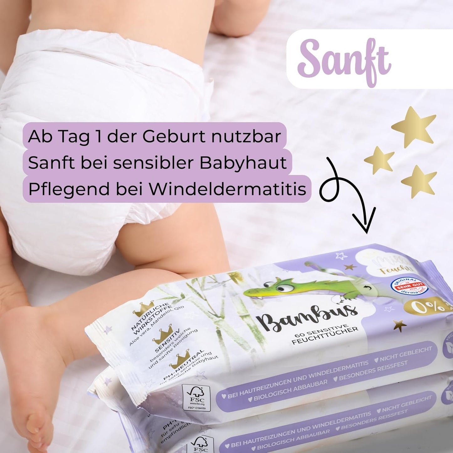 Millis Bamboo Baby Sensitive Feuchttücher für zarte Babyhaut – 5 x 60 Stück – Natürliche, sanfte und nachhaltige Reinigung – Biologisch abbaubare Babytücher, plastikfrei und alkoholfrei