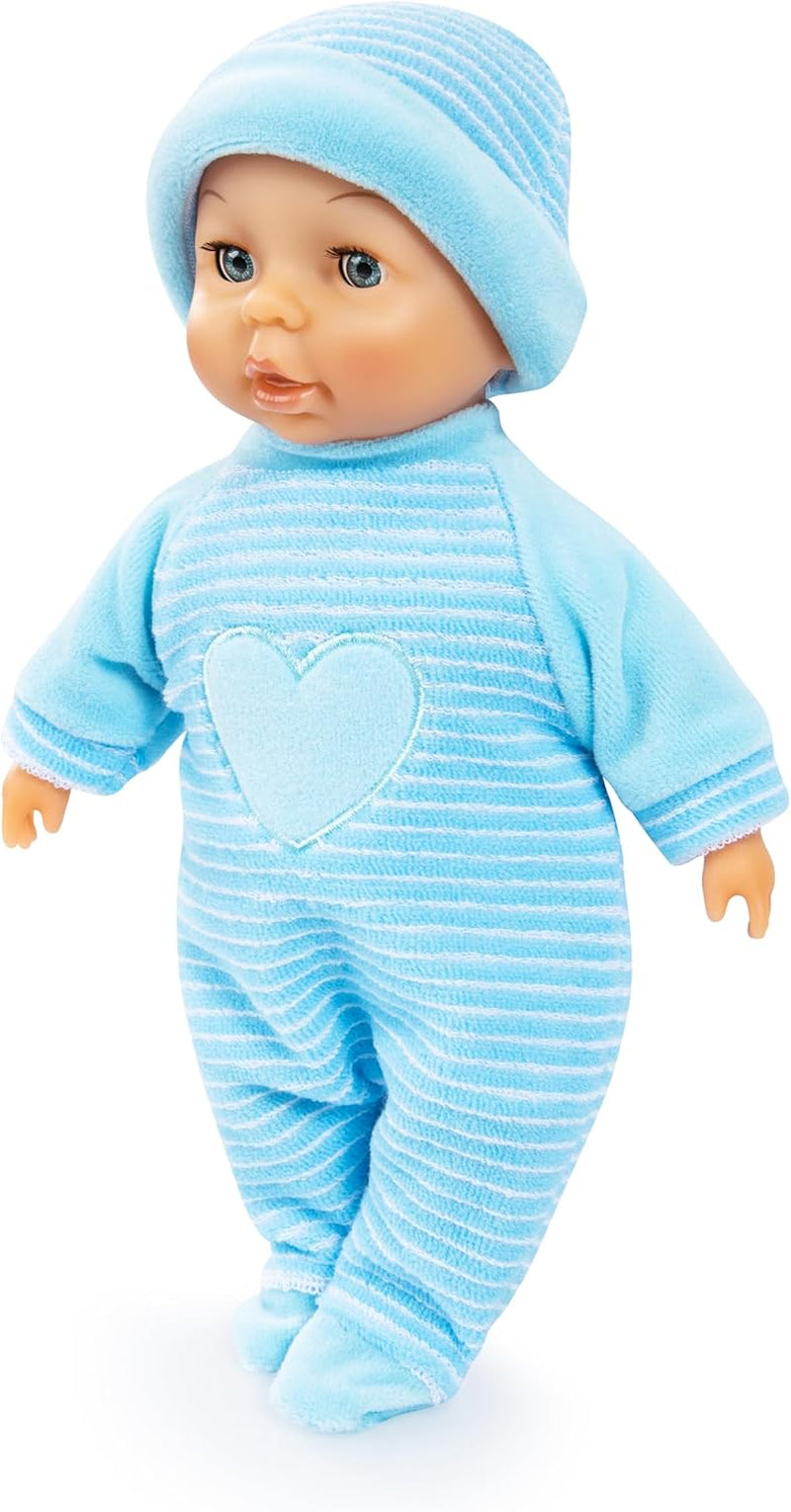 Bayer Design 92802AU My First Baby 28 cm, Babypuppe, Weichkörperpuppe mit Schlafaugen, sehr praktisch, süßes Outfit, blau mit Herz