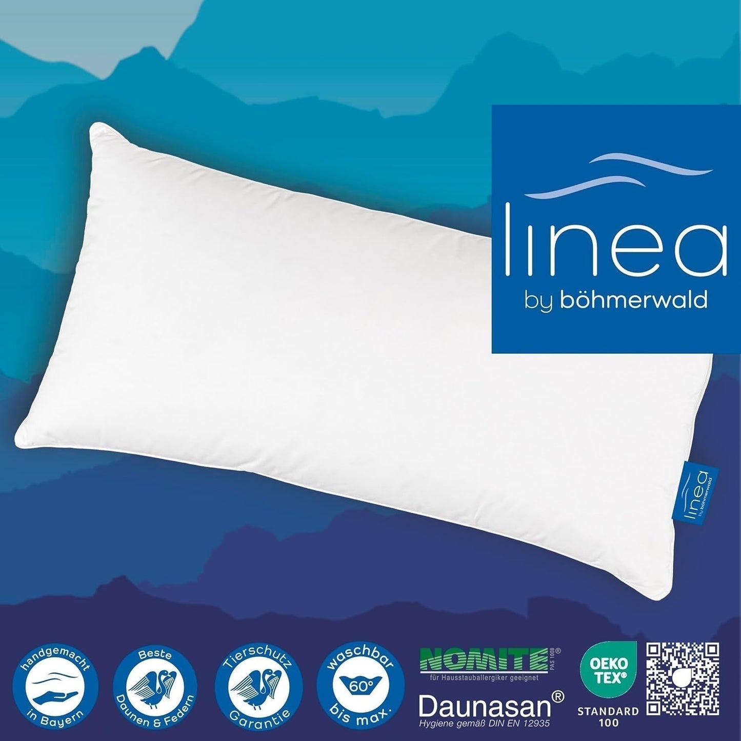 LINEA von Böhmerwald – Cozy – Hochwertiges Balance-Kissen, 40 x 80 cm, 70 % Federn der Klasse 1, 30 % neue Daunen, allergikergeeignet, waschbar bis 60 °C, hergestellt in Deutschland. Naty Shop Standard-Kissen