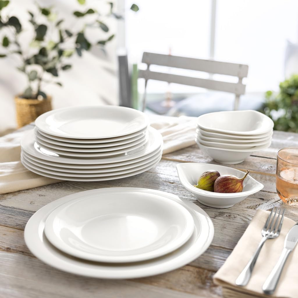 vivo - Villeroy & Boch Group – Essential White Tafelservice 18 tlg. Weiß, Spülmaschinenfest, Mikrowellensicher, Geschirr Set für 6 Personen, Müslischalen, Speiseteller, Dessertteller, Premium Porzellan