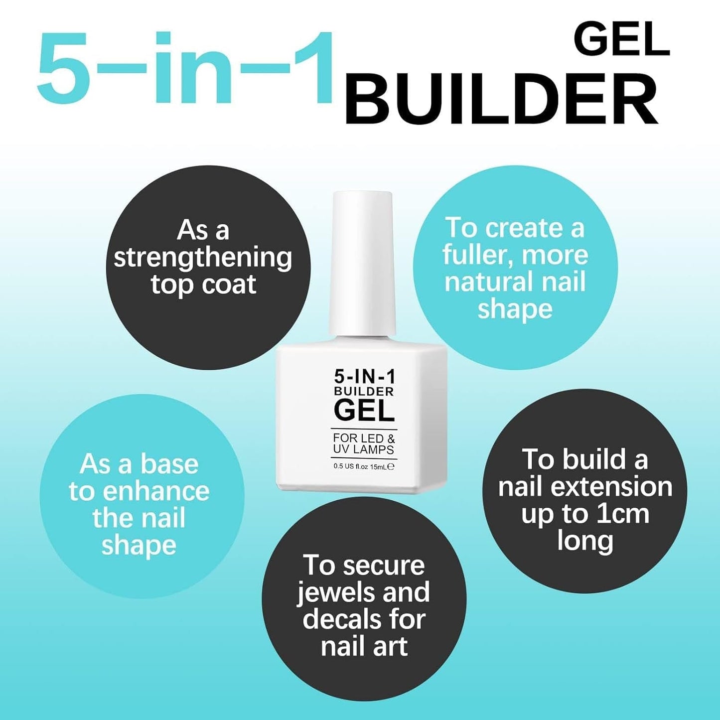 Builder 5 in 1 Aufbaugel 15 ml, Nagelaufbaugel, Nagelaufbaugel, UV/LED-Nagelverlängerungs-Nagellack, Verlängerungen, Nagelkunst, Aufkleber, Gel, Nagelaufbaugel (weiß)