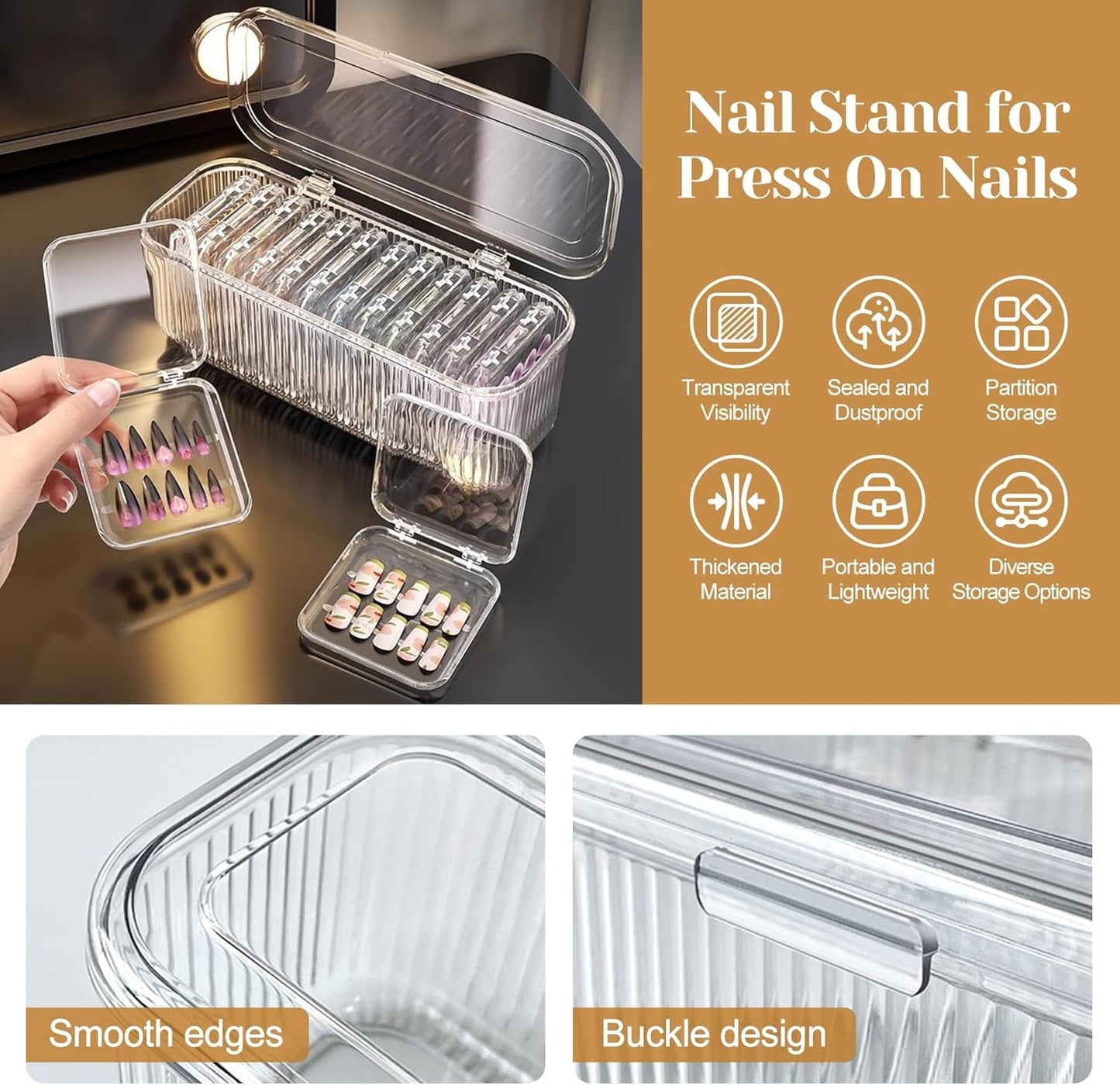INMORVEN Nagel-Aufbewahrungsbox-Set – 14 transparente Nagelboxen + 1 große Box und 60 Klebescheiben – ideal für die Aufbewahrung von künstlichen Nägeln, Gel-Nagelzubehör und Nagellack (14 Stück in einer Schicht).