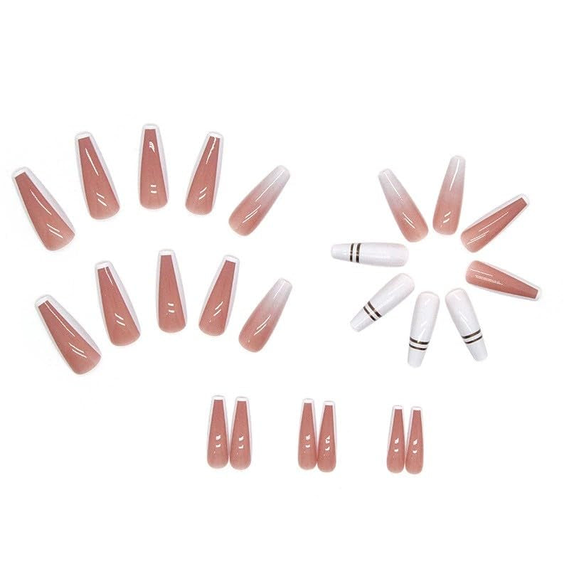 24 Stück French Press On Long Nails Sargweiß Künstliche Nägel Ombre Pink Nude Klebenägel Acrylnagelset Nagelspitzen für Frauen Frühling Sommer Nagelzubehör