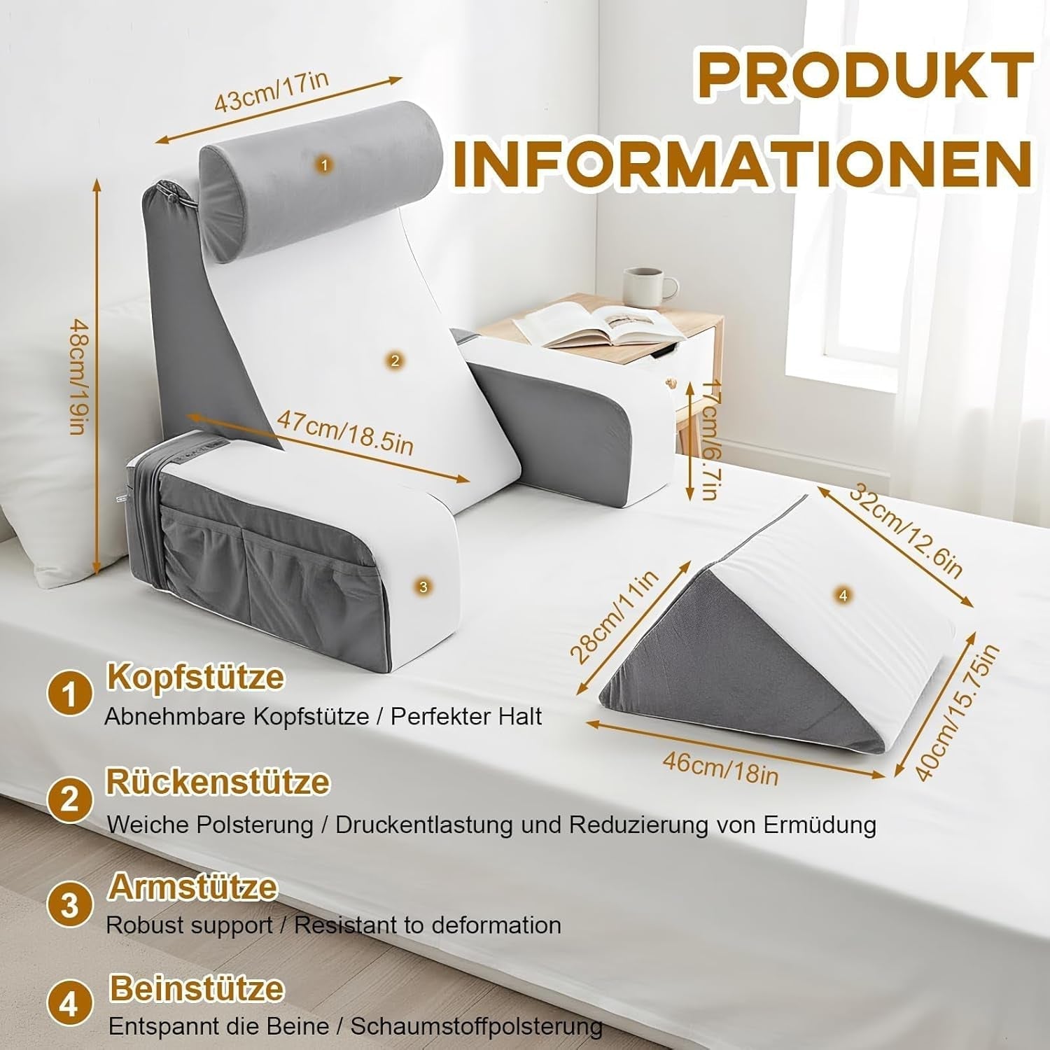 Lesekissen mit abnehmbarer Nackenstütze und Armlehne, bequemes und leichtes Rückenkissen für Bett und Couch, Rückenkissen für Erwachsene, Memory-Schaum-Rückenlehne zum Lesen, Fernsehen und Videospielen