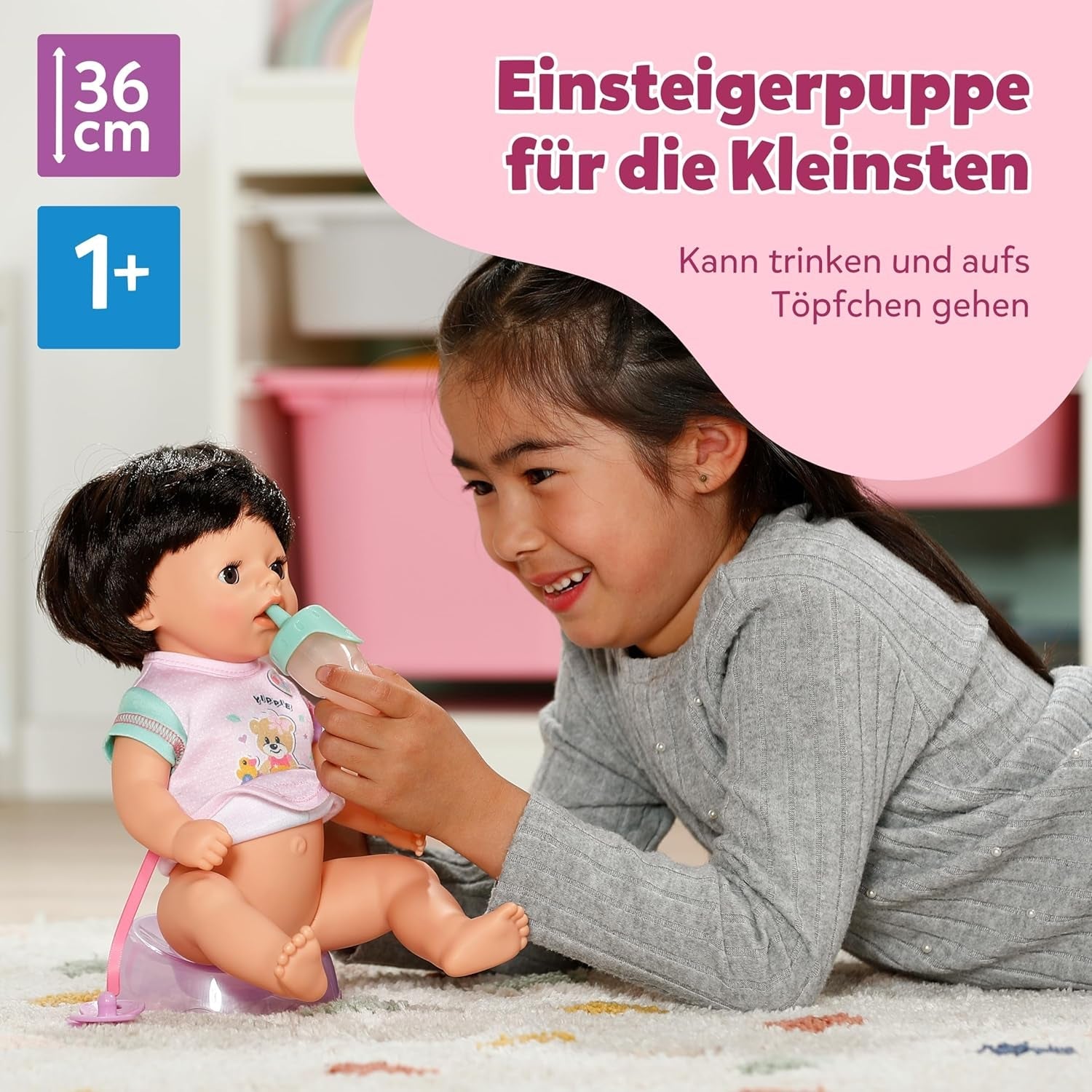 BABY Born Amy – 36 cm große Puppe – Babypuppe mit 7 Funktionen für Kleinkinder ab 1 Jahr – Funktioniert ohne Batterien – Inklusive Zubehör und Matratze