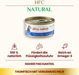 Almo Nature HFC Natürliches Nassfutter für Katzen – Thunfisch mit Muscheln, 24er-Pack (24 x 70 g)