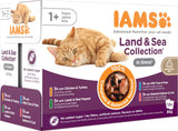 IAMS Delights Land & Sea Collection Nassfutter für Katzen – Fleisch- und Fischsortiment, Multipack in Soße, Nassfutter für Katzen ab 1 Jahr, 12 x 85 g
