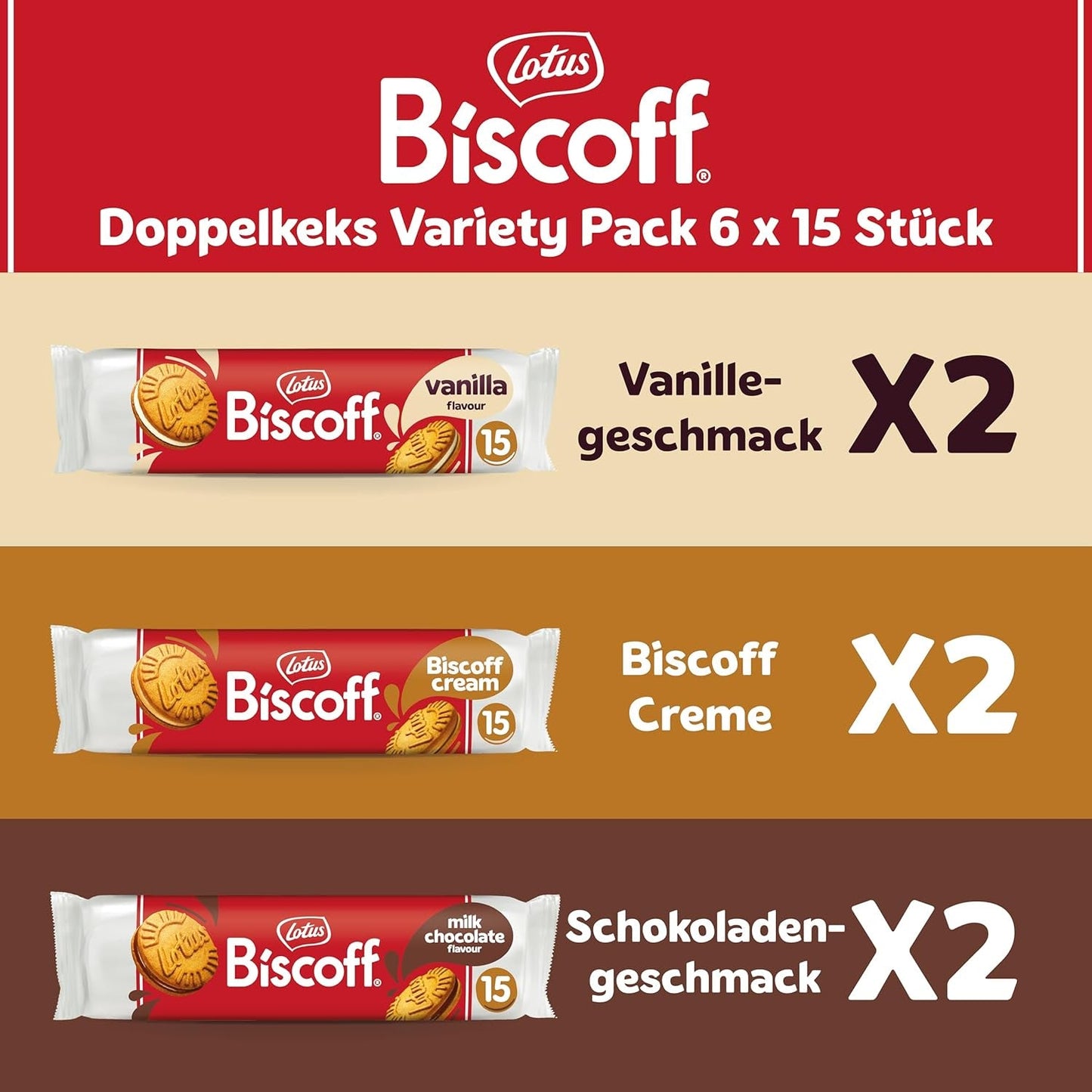 Lotus Biscoff | Doppelte Kekse-Sortenpackung | 3 Sorten | 2 Pakete pro Sorte | 15 Doppelkekse pro Packung | Inhaltsstoffe natürlichen Ursprungs | Keine Farbstoffe | 6 x 150g | 900g