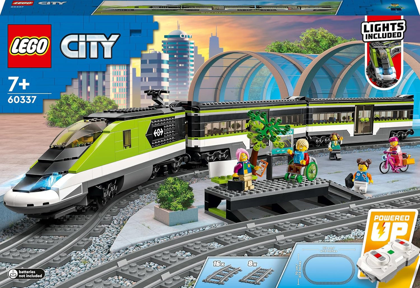 LEGO City Personen-Expresszug, ferngesteuertes Zugset, Eisenbahnspielzeug mit Scheinwerfern, 2 Waggons und 24 Gleiselementen, Geschenk für Kinder, Jungen und Mädchen 60337 Bausets Besuchen Sie den LEGO-Store