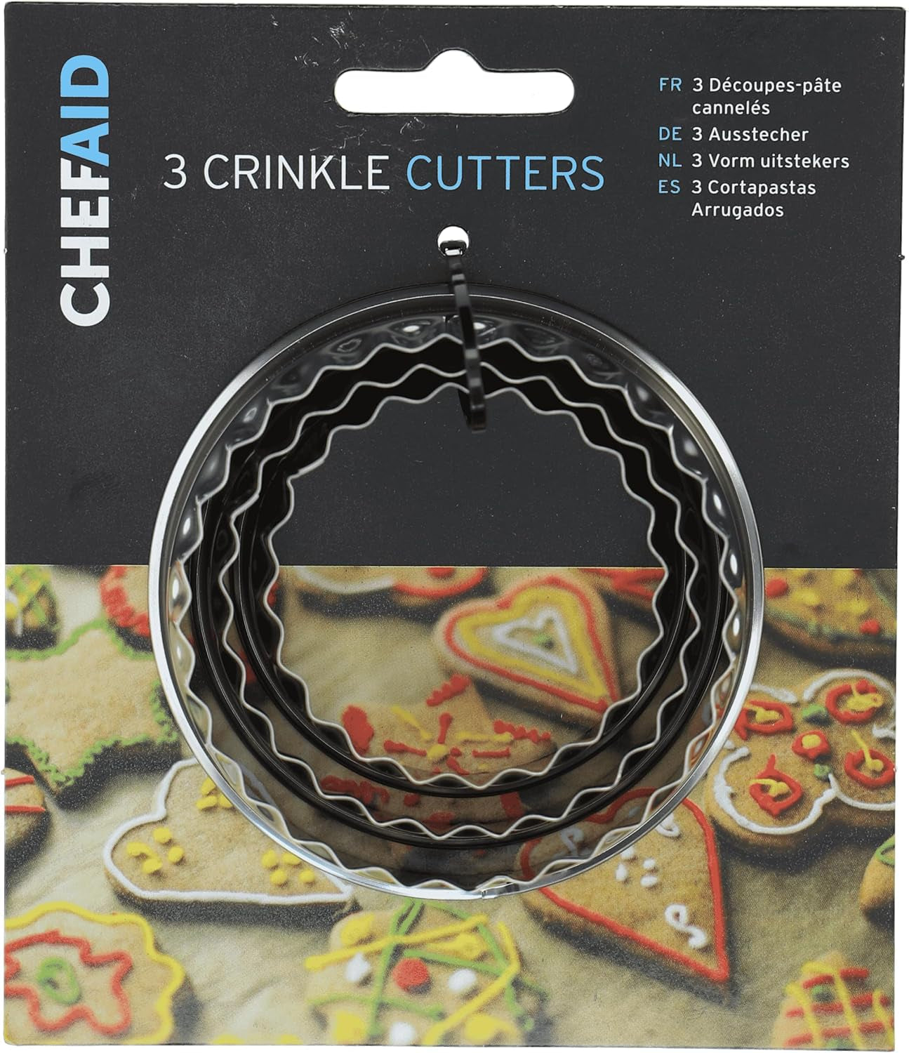 Chef Aid Keksform-Set, 3 Stück: Ausstechformen für Kekse, Scone, Kuchen, Mini-Quiche und Teig, ideal zum Backen zu Hause, zum Dekorieren von Kuchen, Fondant, geriffelte Kreise aus Edelstahl.