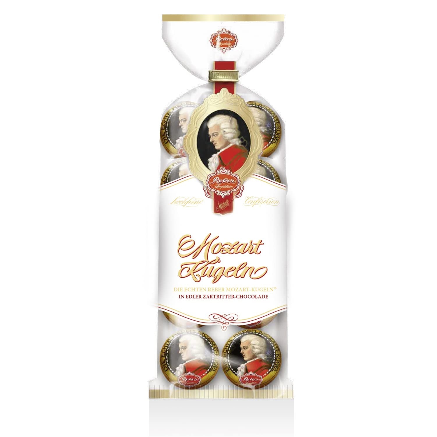 Reber Mozartkugeln – Süßwarenbeutel mit 8 Stück – Echte Reber Mozartkugeln aus dunkler Schokolade, Marzipan und Nougat – 1 x 160 g