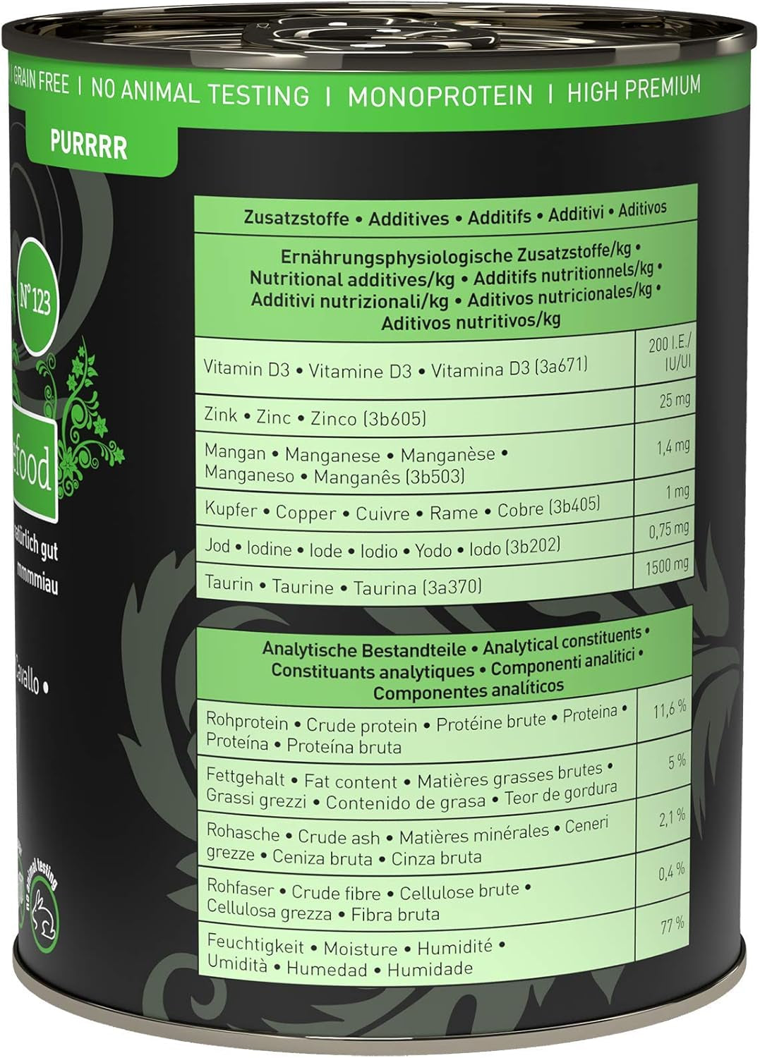 Nassfutter für Katzen Catz Finefood Purrrr Horse Monoprotein Nr. 123, für Katzen mit empfindlicher Verdauung, 70 % Fleischanteil, 6 Boxen x 400 g