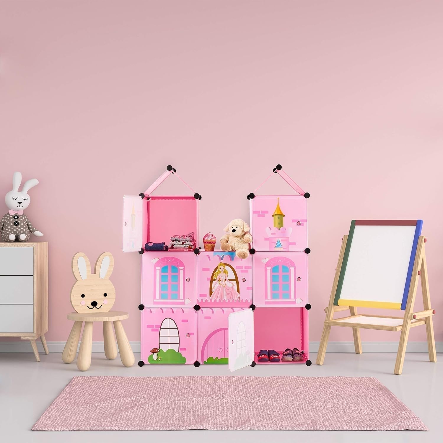 Relaxdays Kinderzimmerregal, Prinzessinnenschloss, Kunststoff, DIY-Schrank mit Türen, HBT: 128 x 110 x 37 cm, rosa Naty Shop Puppenhäuser