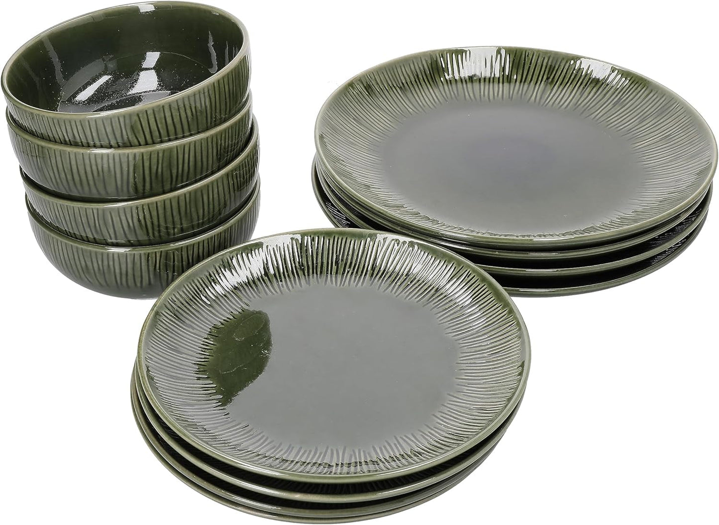 Mikasa Jardin 12-teiliges Geschirrset, Steinzeug-Geschirrset für 4 Personen mit Tellern, Beilagentellern und Schüsseln, grün – Geschenkbox und spülmaschinenfest